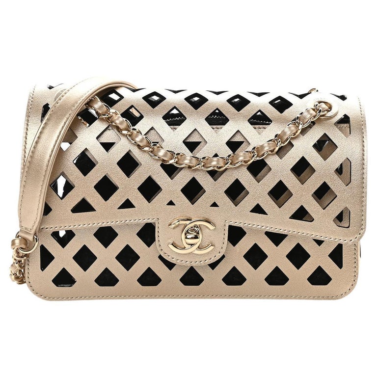 CHANEL NEW Bronze Gold Lambskin Leather Perforated See Shoulder Small Flap  Bag