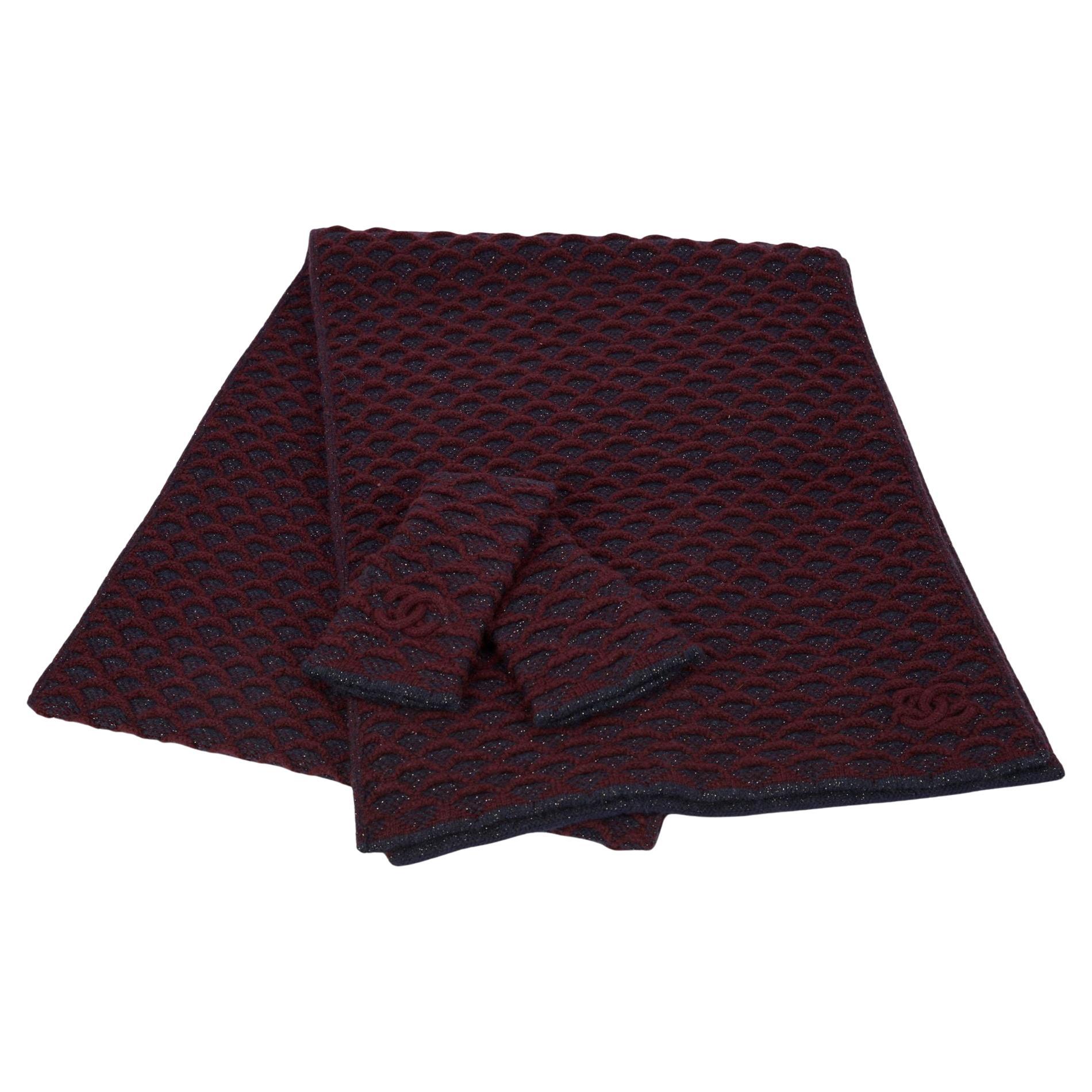 Chanel New Cashmere Burgundy 
Blue Scarf Gloves Set
