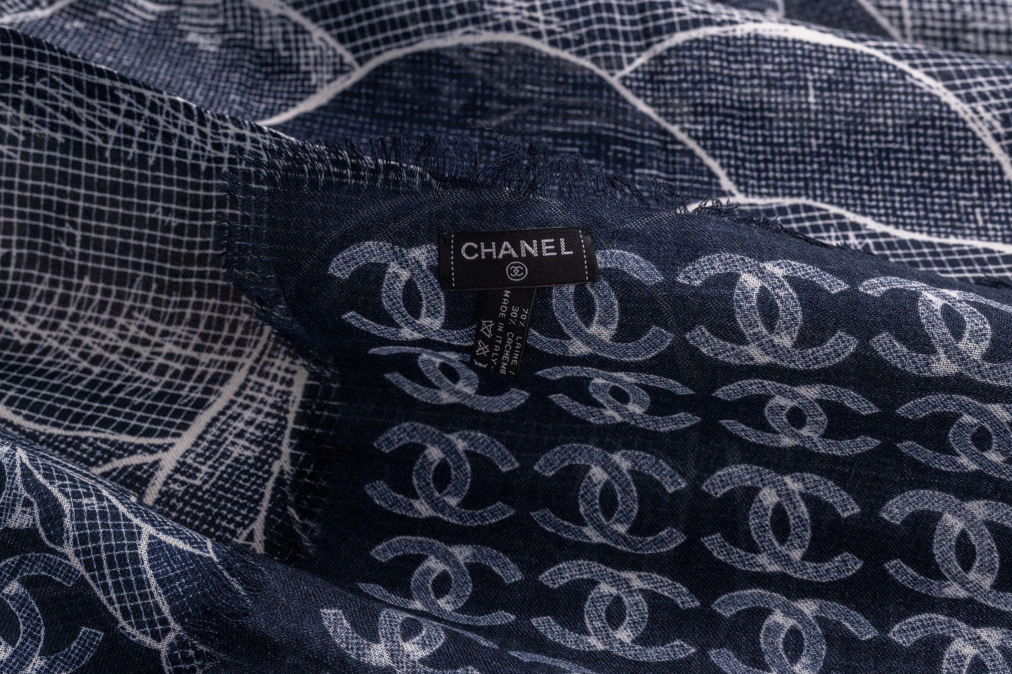 Women's Chanel New Cashmere Camellia Navy Shawl For Sale