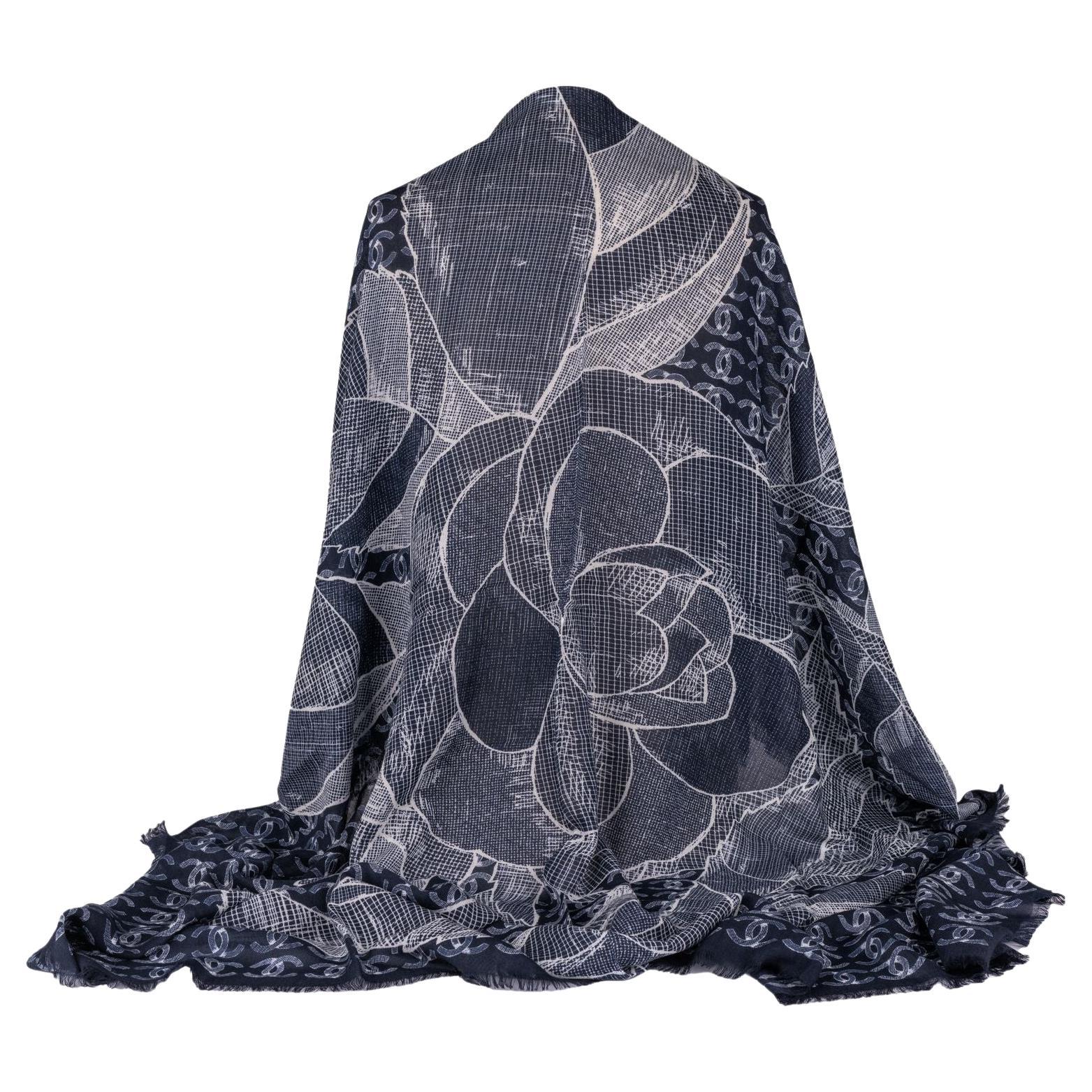 Chanel New Cashmere Camellia Navy Shawl For Sale