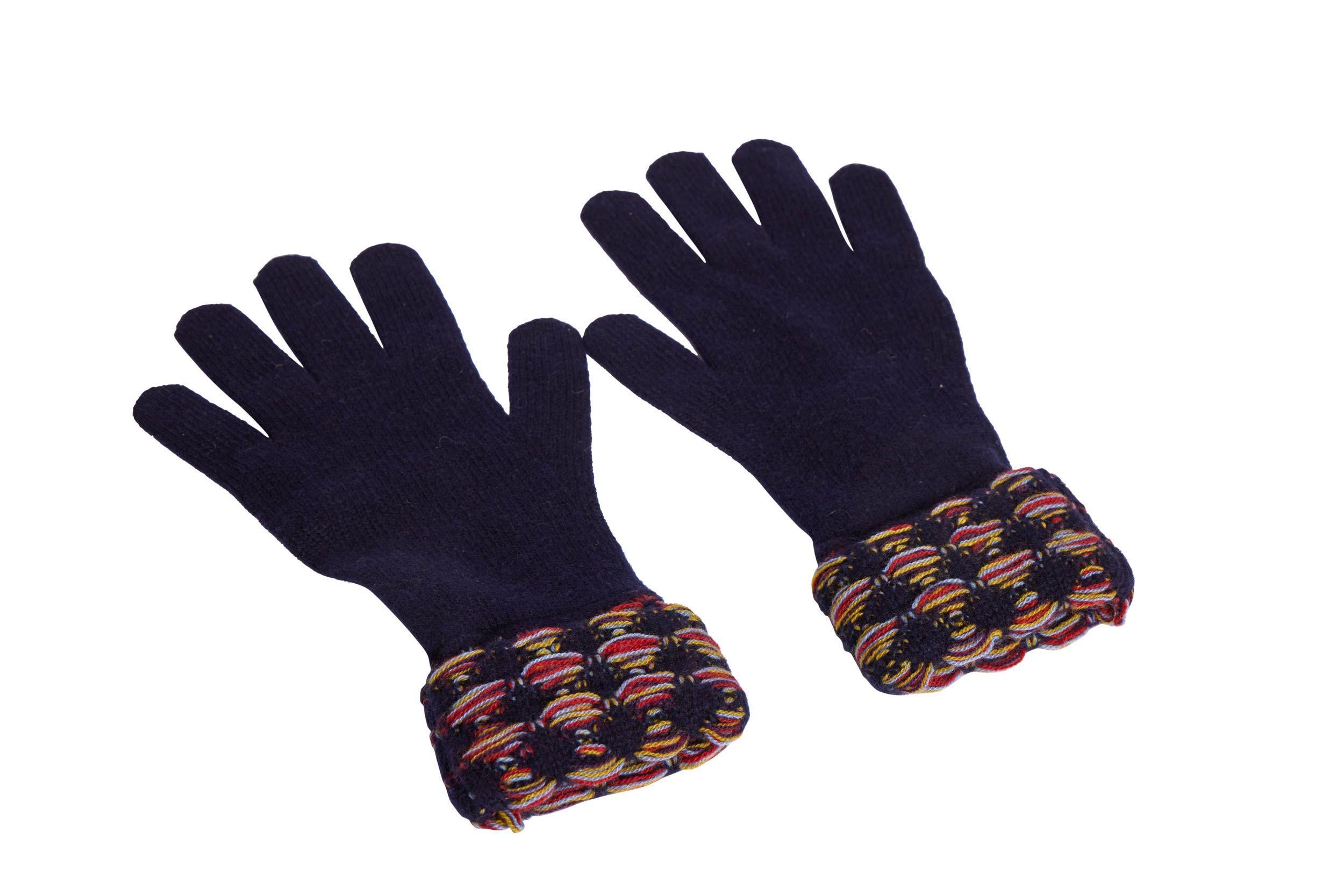Chanel new cashmere navy gloves with tweed design multicolor cuff pattern. 70% cashmere, 30% silk.
