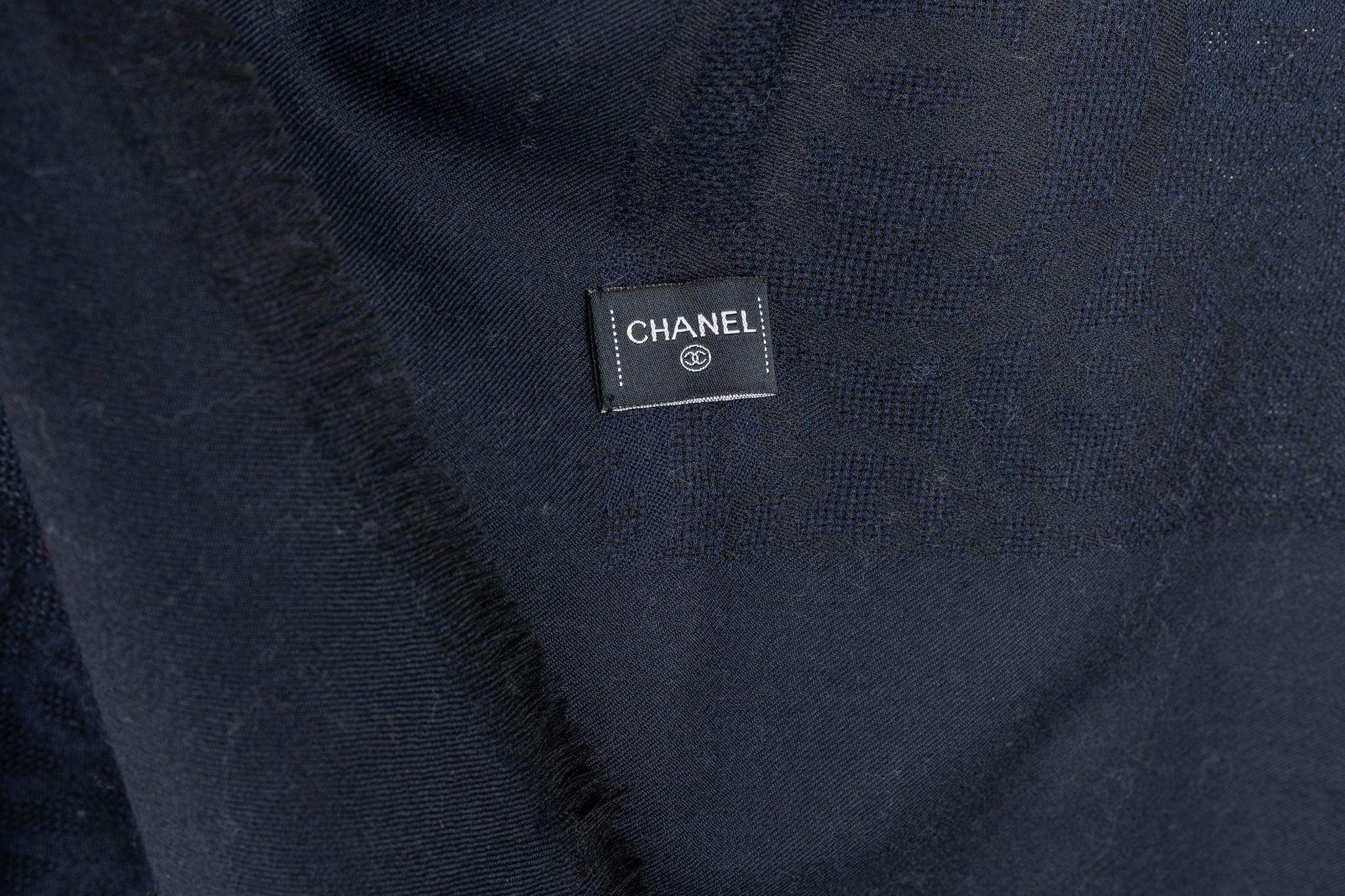 Chanel New Cashmere Navy Logo Shawl For Sale 1