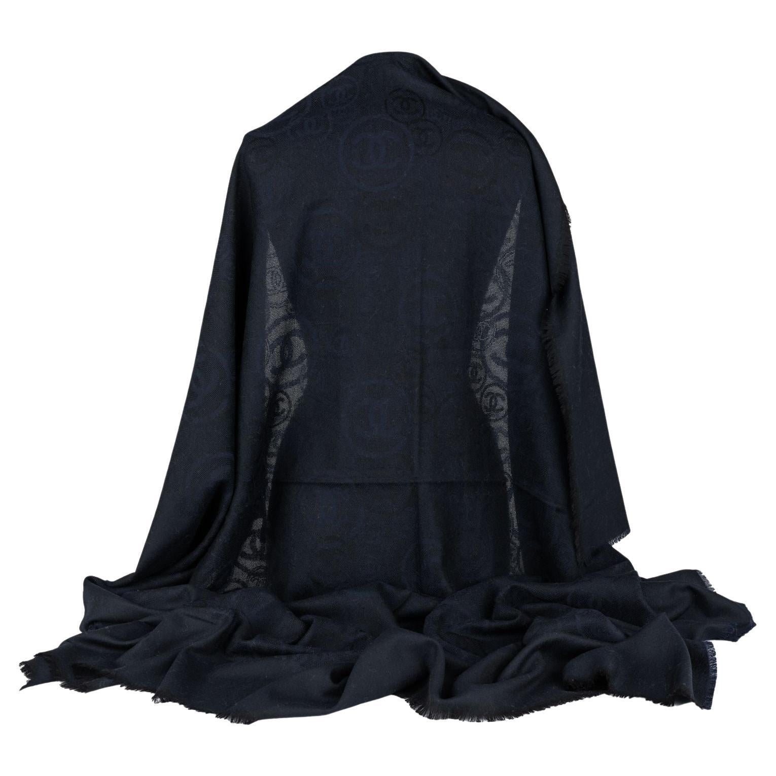 Chanel New Cashmere Navy Logo Shawl For Sale