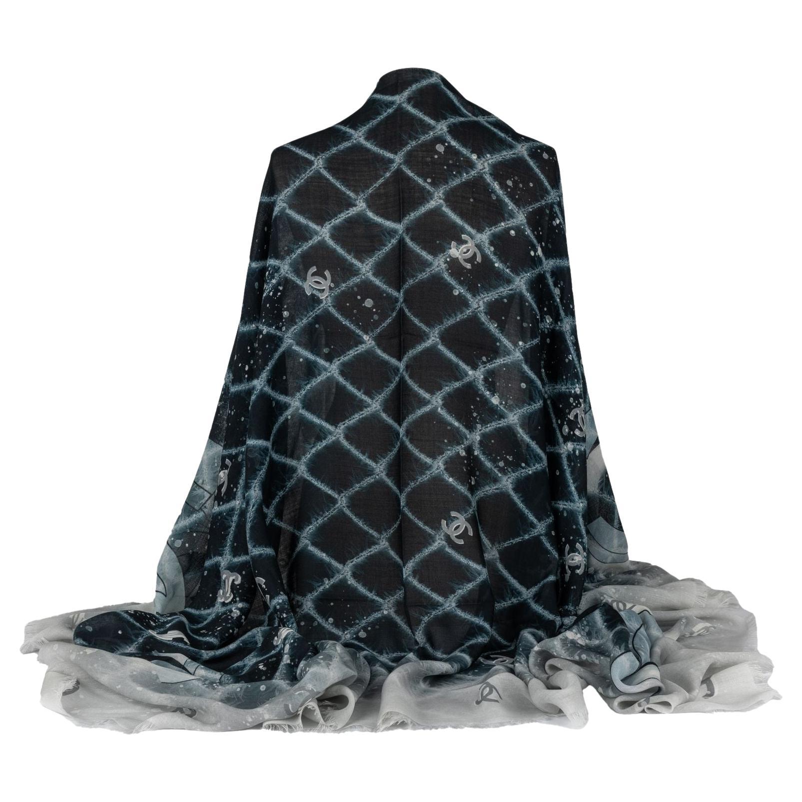Chanel New Cashmere Shawl Black Blue For Sale