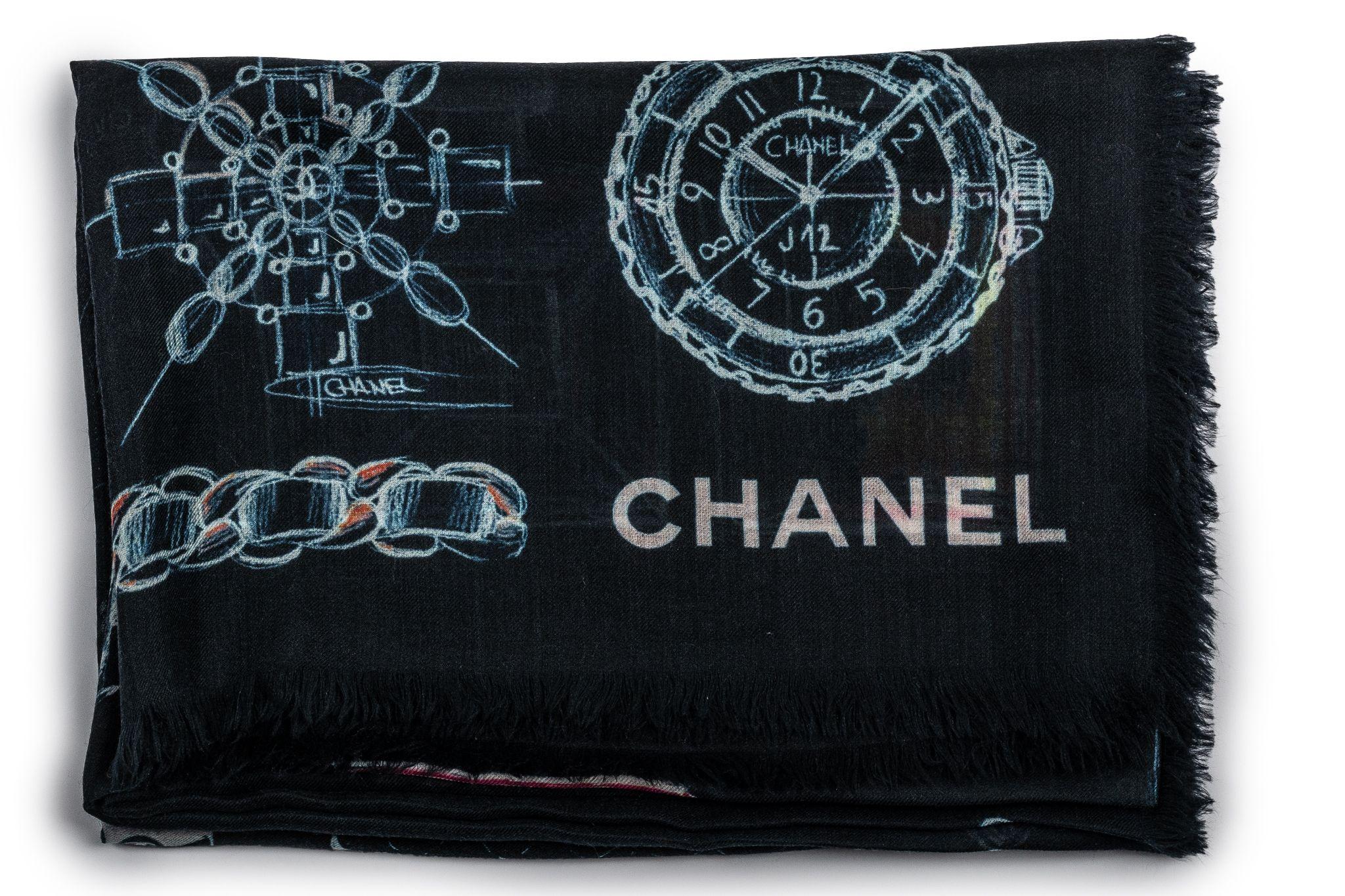 Black Chanel New Cashmere Shawl Navy Icons For Sale
