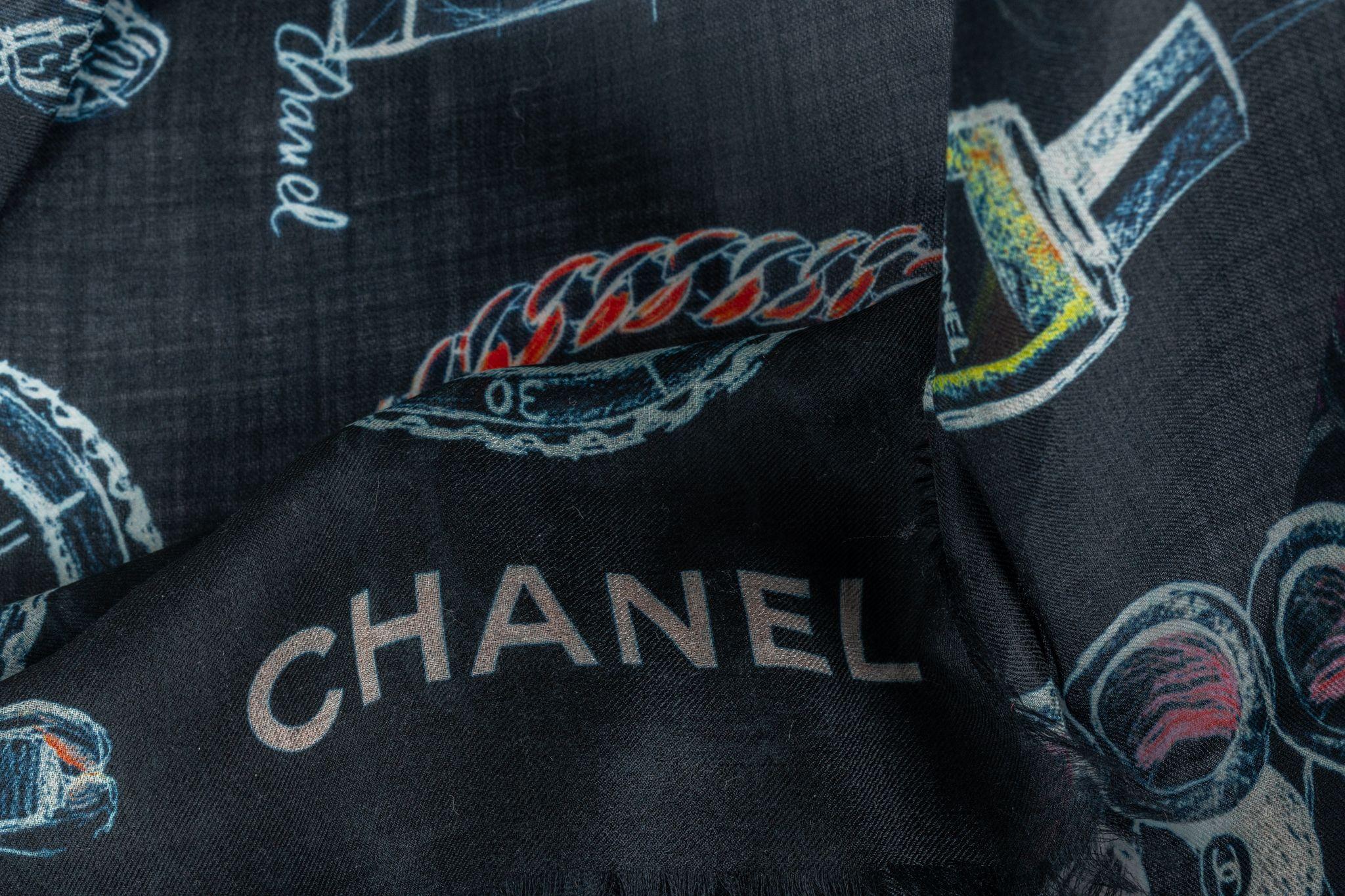 Chanel New Cashmere Shawl Navy Icons For Sale 1