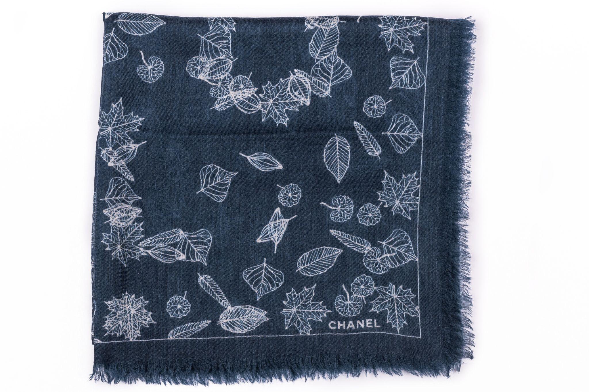 Black Chanel New Cashmere Shawl Navy Leaves For Sale