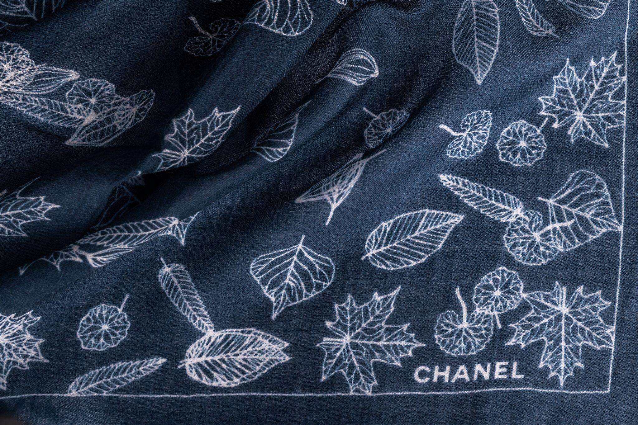 Women's Chanel New Cashmere Shawl Navy Leaves For Sale