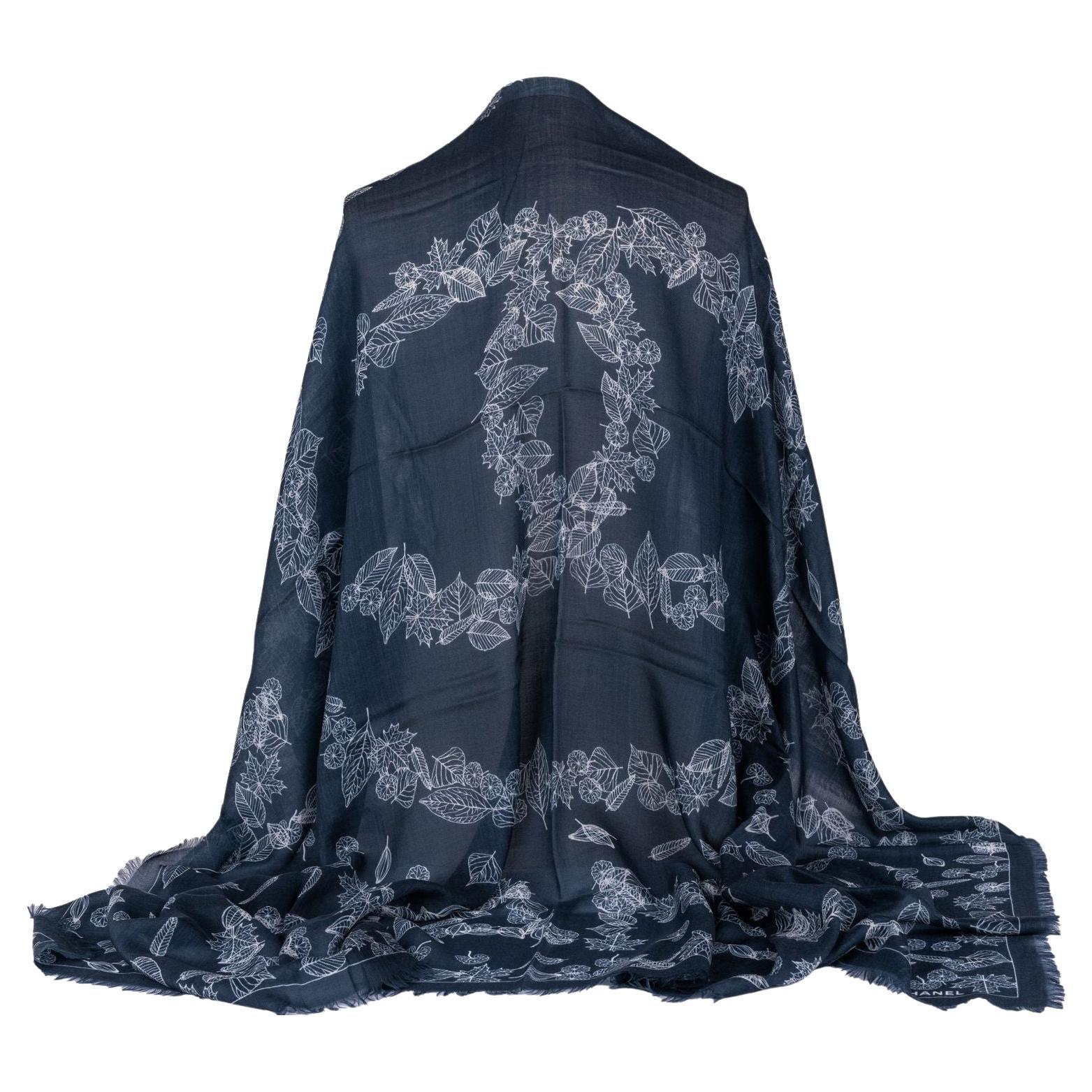Chanel New Cashmere Shawl Navy Leaves For Sale