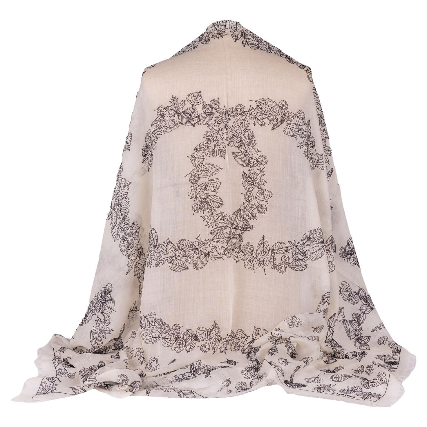 Chanel New Cashmere Shawl White Leaves For Sale