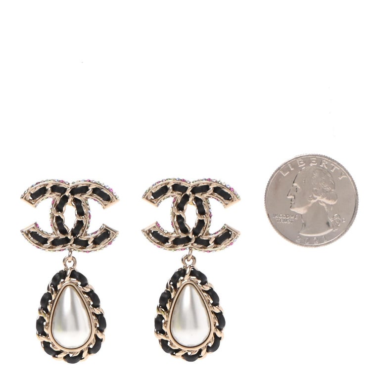 CHANEL NEW CC Black Leather Crystal Pearl Evening Dangle Drop Earrings in  Box For Sale at 1stDibs