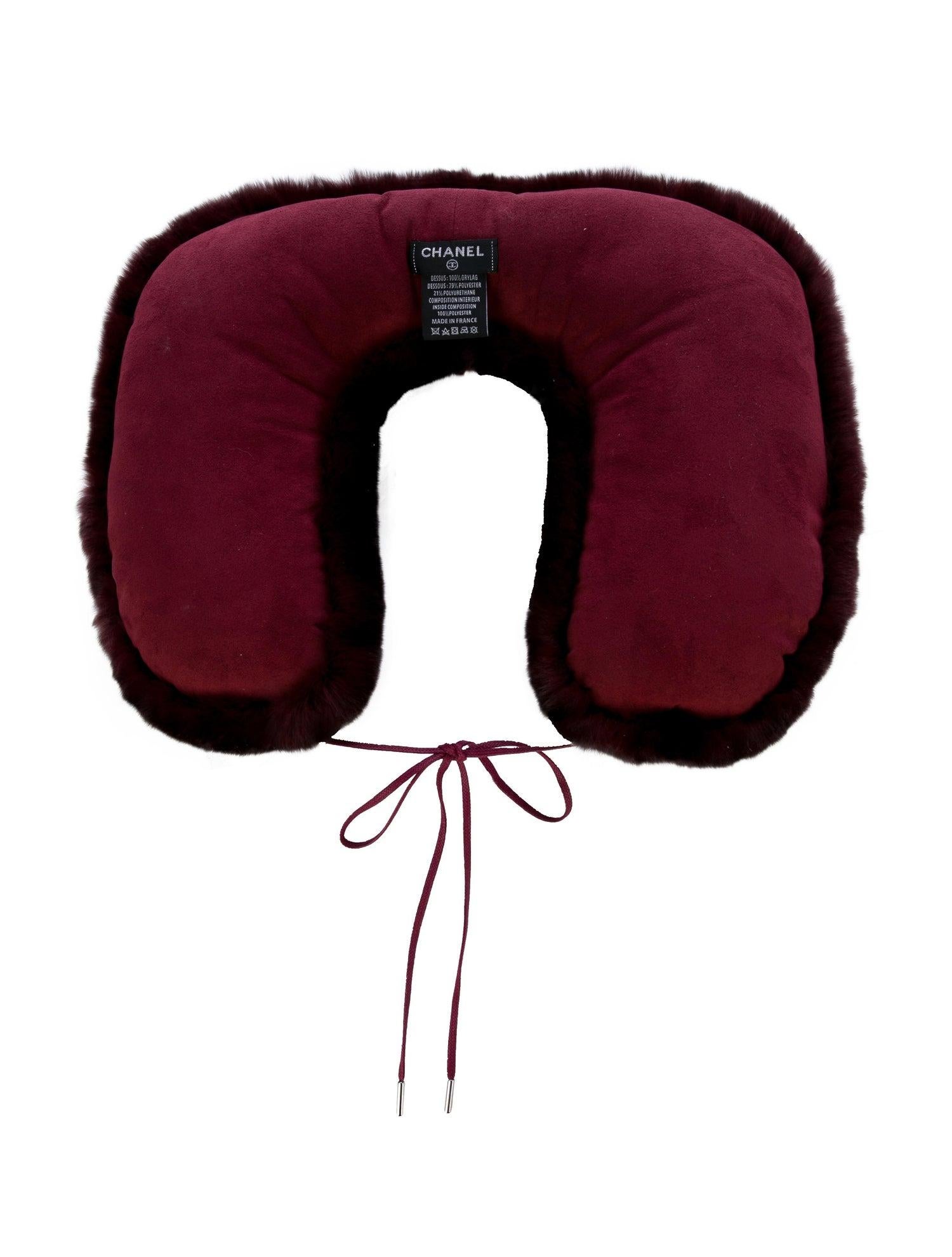 Black Chanel NEW CC Bordeaux Orylag Fur Drawstring Men's Women's Travel Neck Pillow