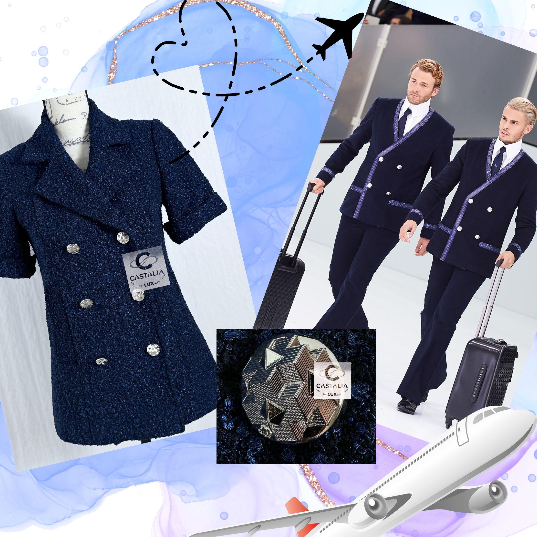 New Chanel black and navy tweed jacket from AIRPORT Collection by Karl Lagerfeld
- CC logo silver-tone buttons
- tonal silk lining with camellias, chain link at interior hem
Size mark 36 FR. Condition: never worn