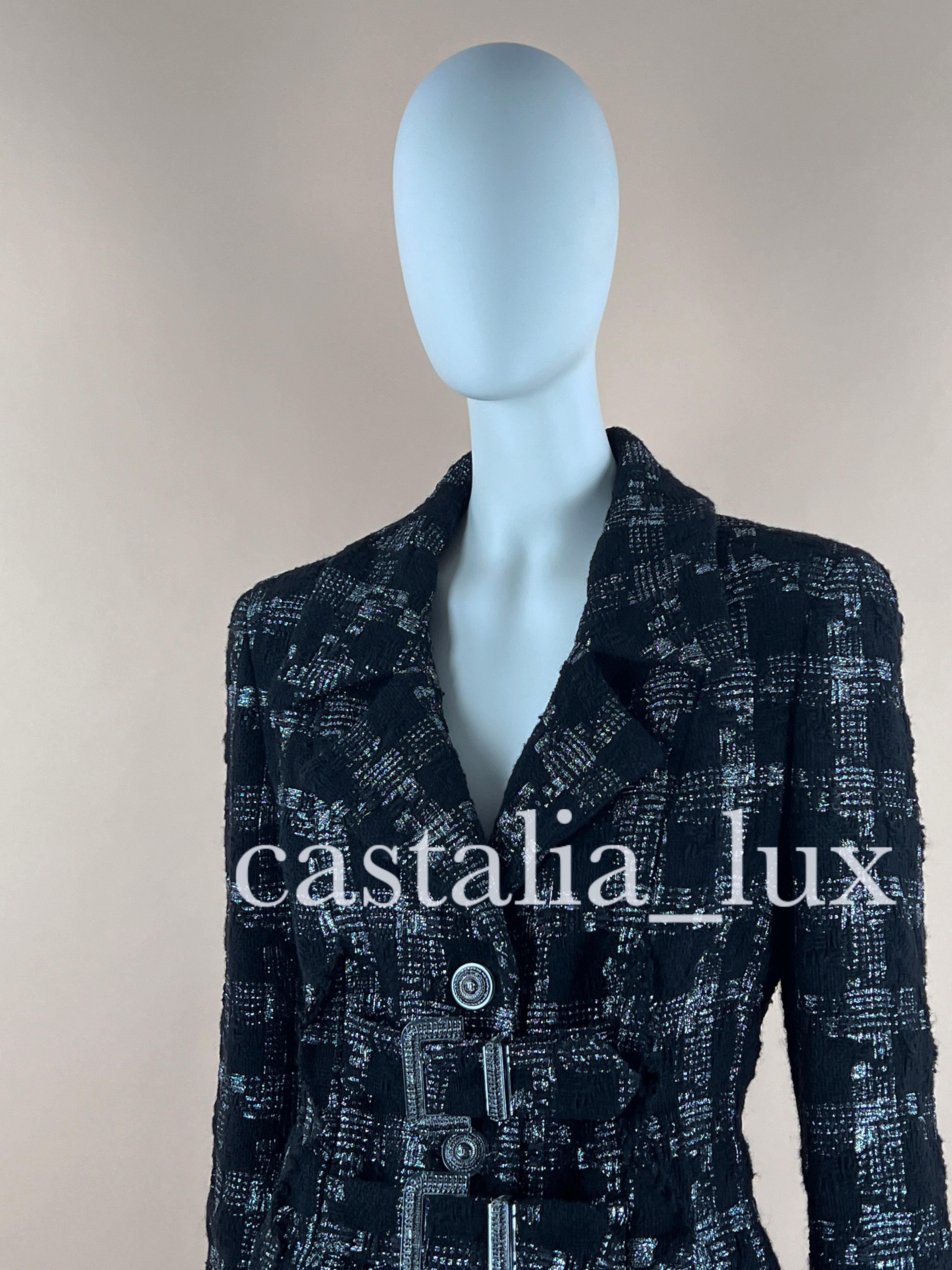 Chanel New CC Buttons Black Belted Tweed Jacket In Excellent Condition For Sale In Dubai, AE