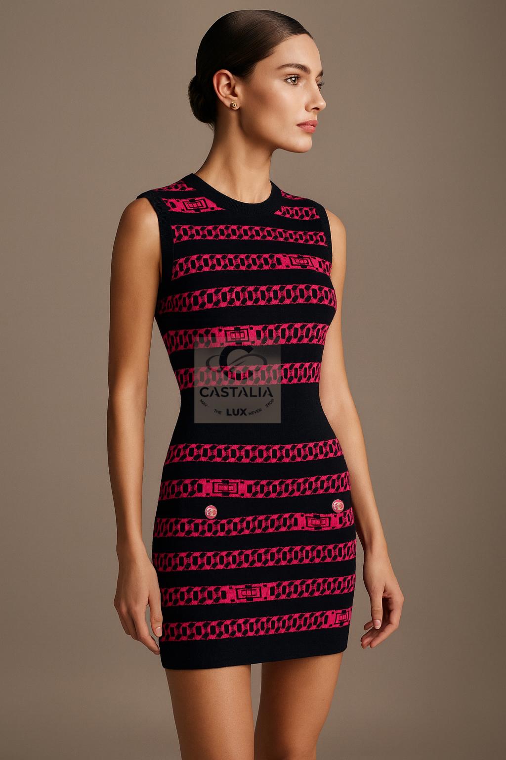 Vestido de eslabones de cachemira fucsia y negro de Chanel

~ Un Raro Icono del Emblema Eterno de la Maison ~

~ En esta vibrante creación de Chanel, la cadena -el más icónico de todos los símbolos de Chanel- no es accesorio sino arquitectura
//  La