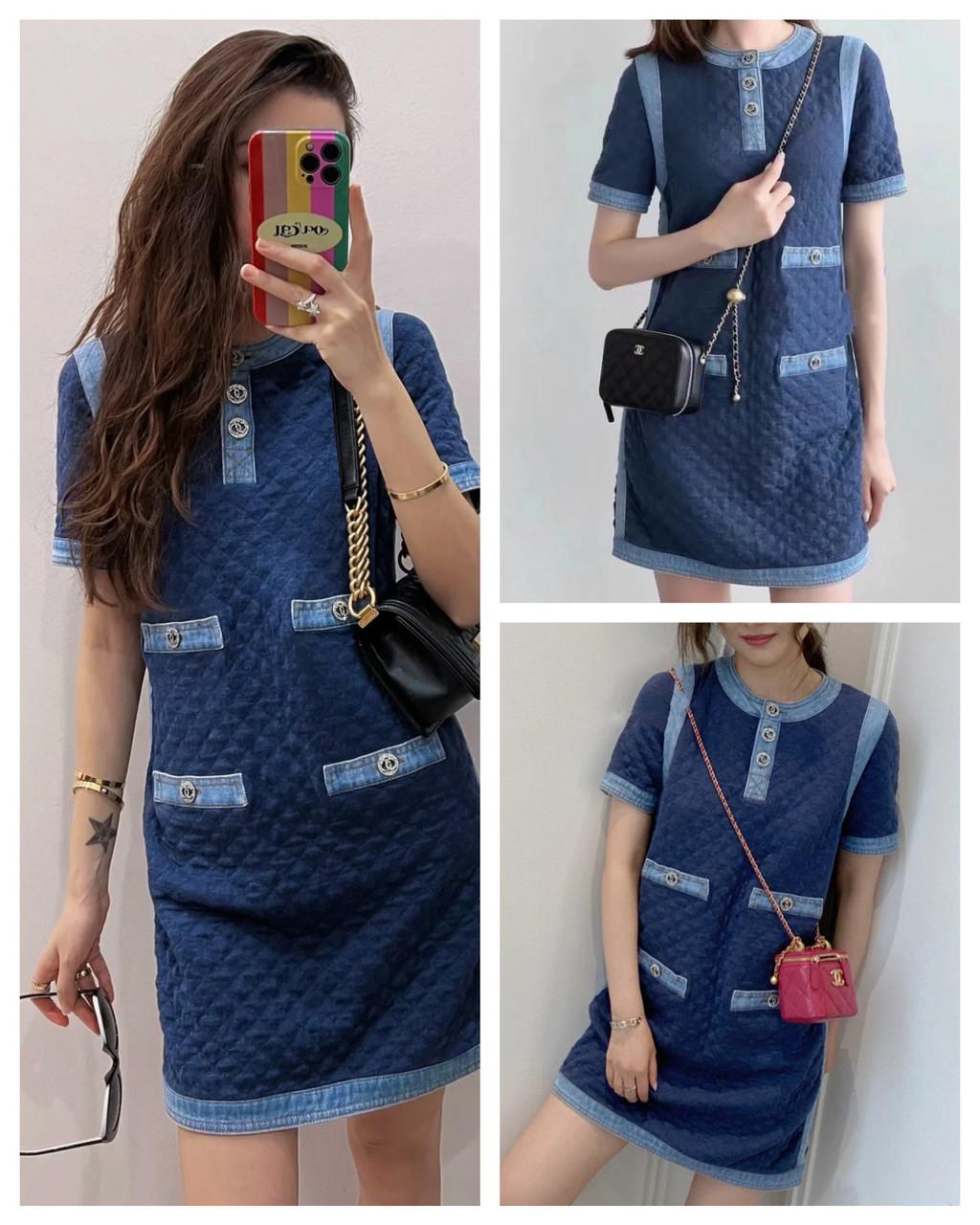 New charming Chanel blue quilted dress with denim trim and CC Logo jewel buttons - from fresh collection.
- contrast pink CC logo lining
Size mark 36 FR. 