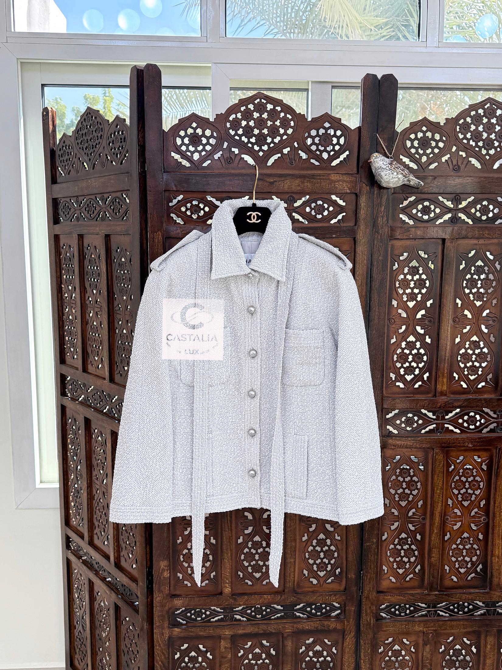 Chanel Neue silbergraue Tweed-Jacke mit Schleife 42 FR 6