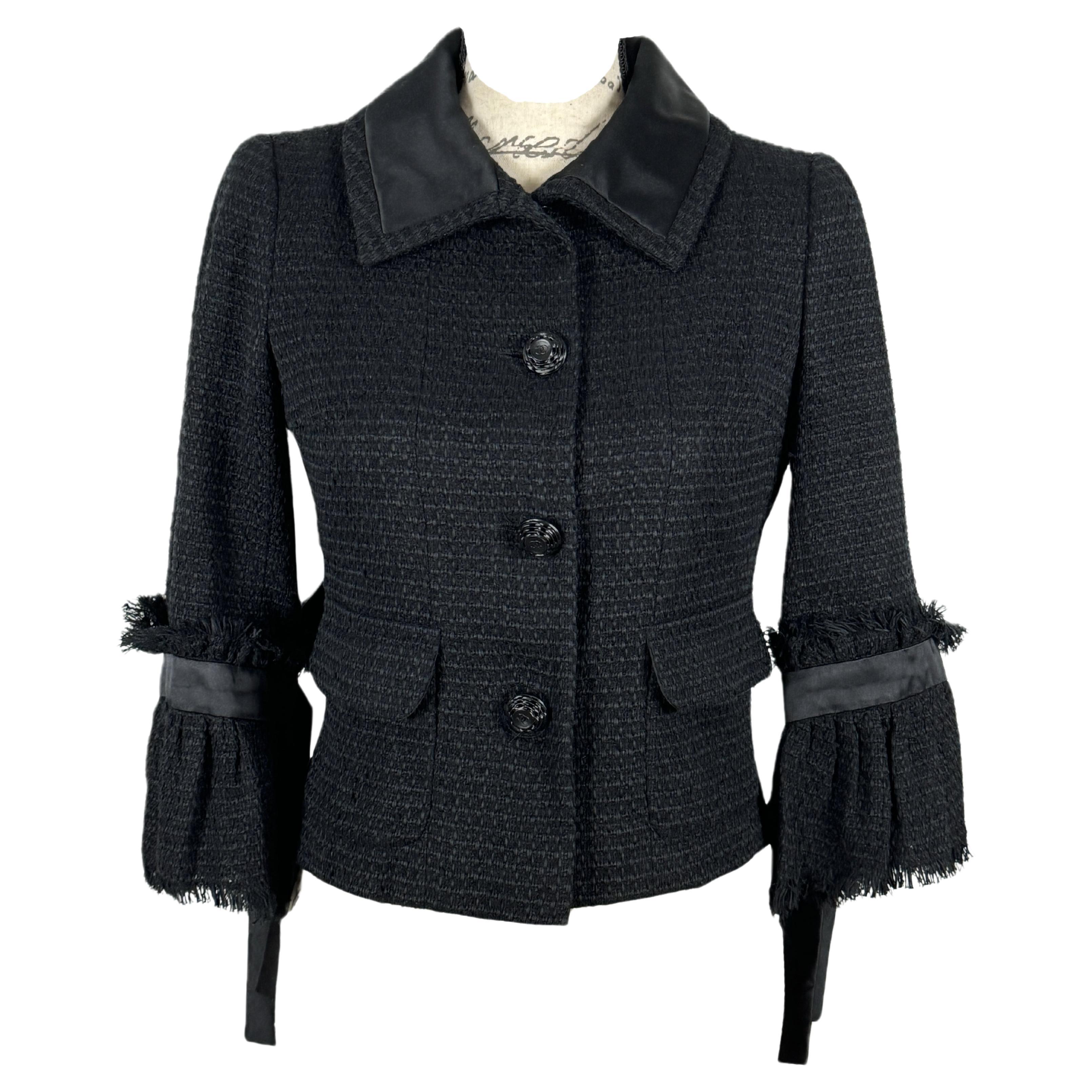 Chanel New CC Camellia Buttons Black Tweed Jacket For Sale