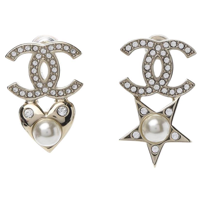 Chanel CC Faux Pearl Crystal Gold Tone Stud Earrings Chanel