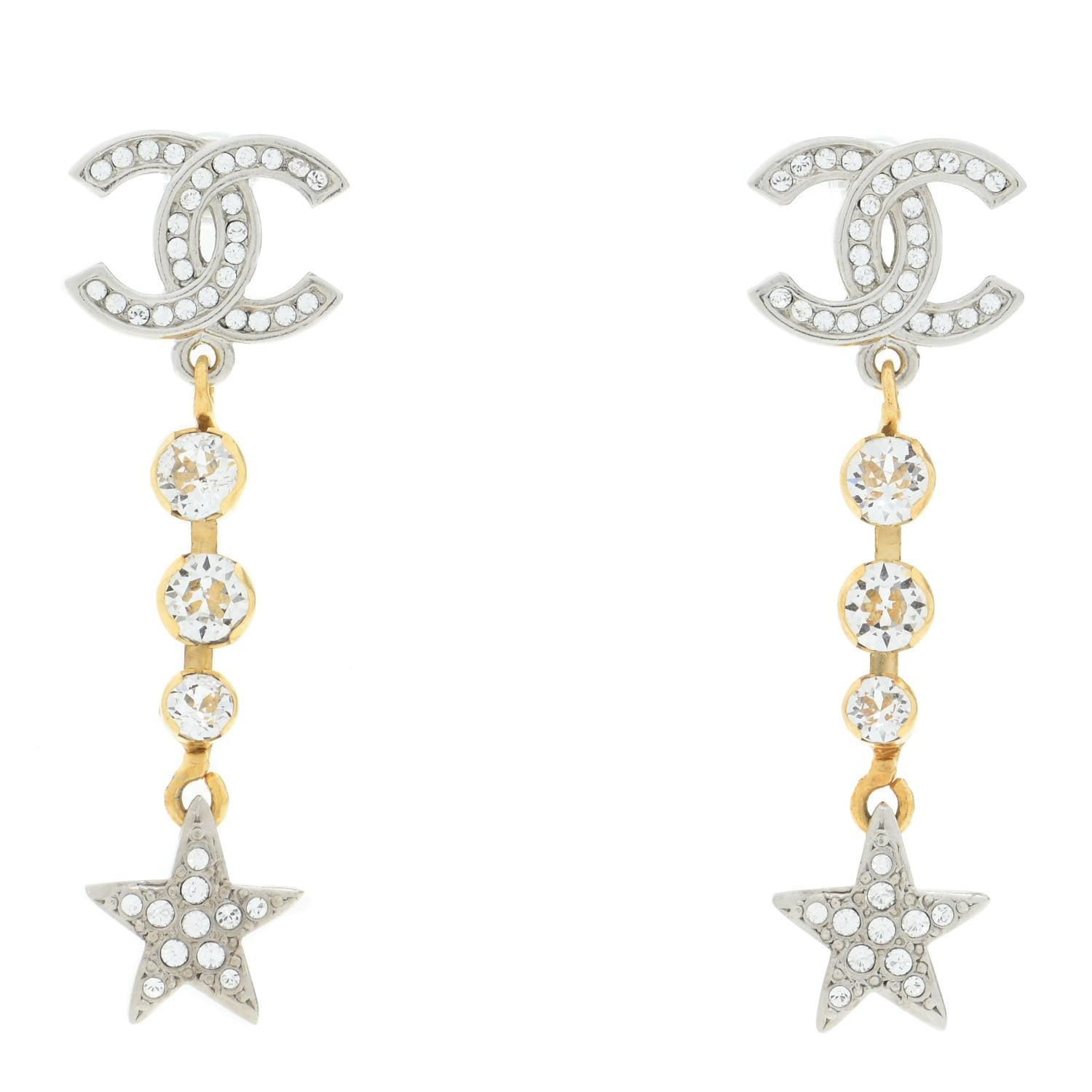 Chanel New Cc Crystal Gold And Silver Metal Star Dangle Drop Evening Earrings At 1stdibs