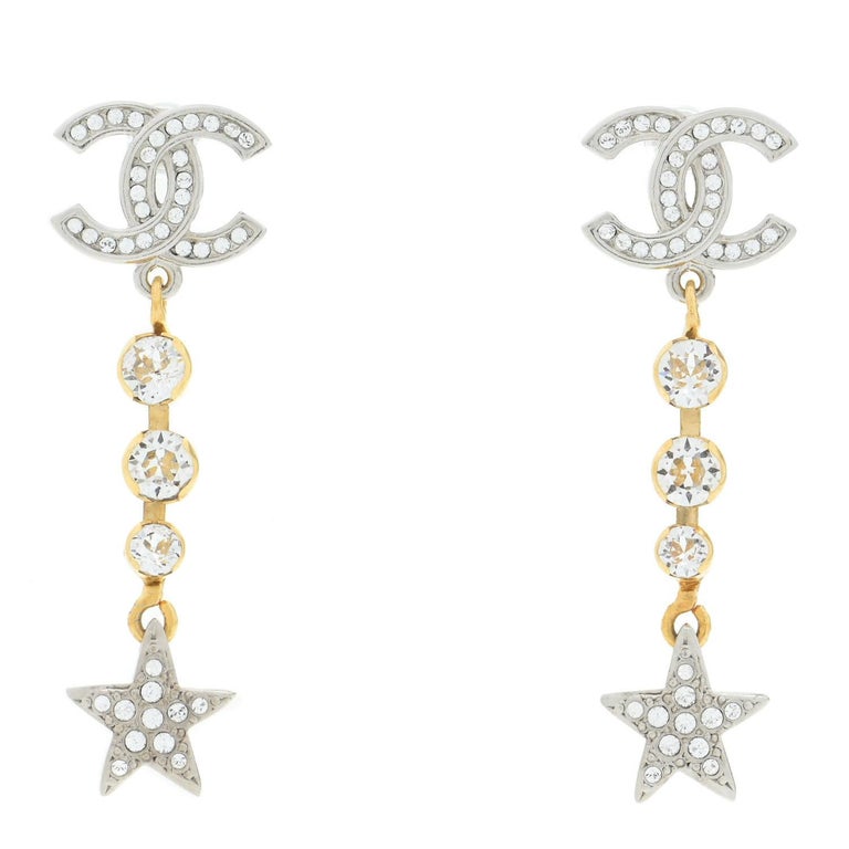 CHANEL NEW CC Crystal Gold and Silver Metal Star Dangle Drop