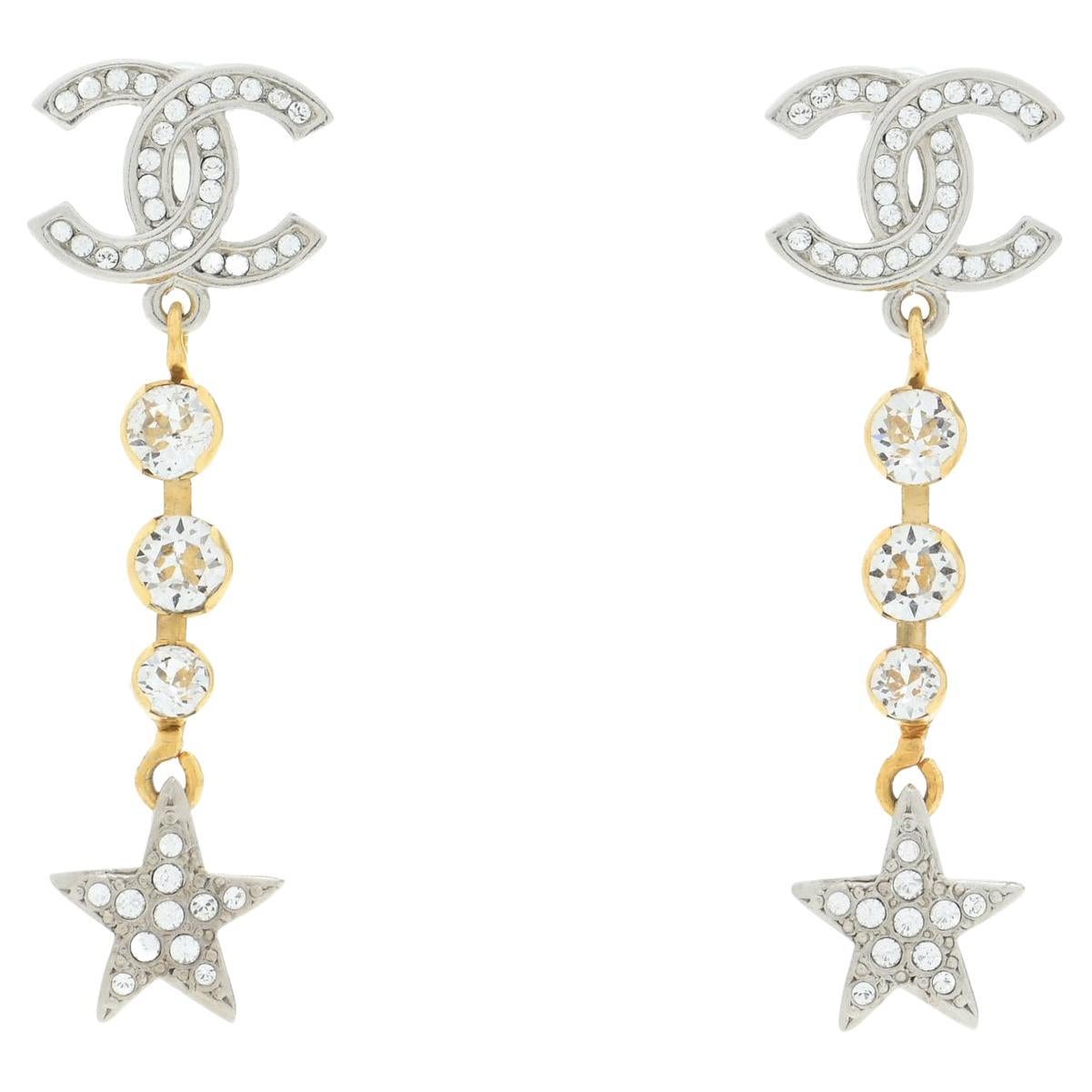 CHANEL NEW CC Crystal Gold and Silver Metal Star Dangle Drop Evening  Earrings