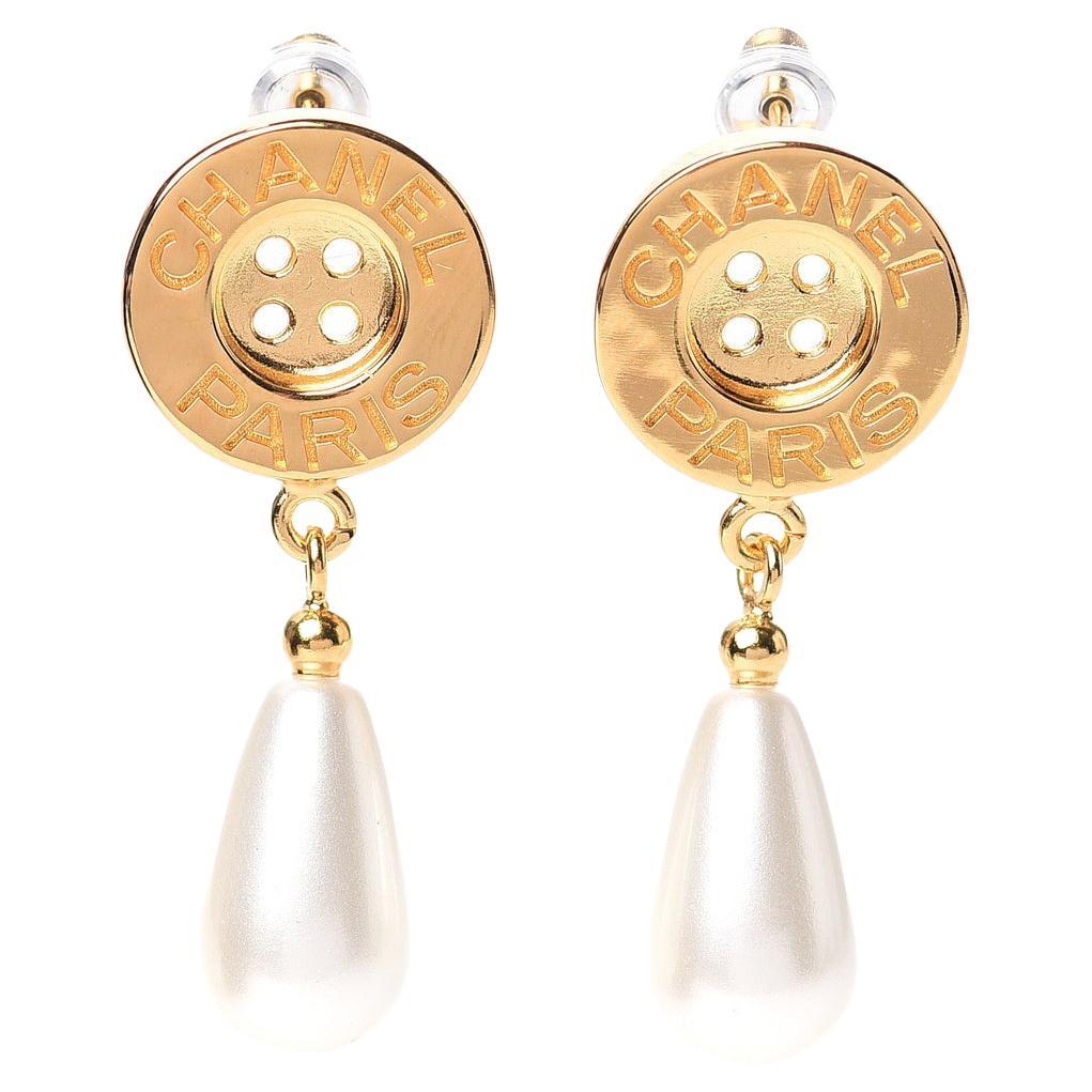 CHANEL NEW CC Faux Pearl Gold Metal Button 'CHANEL PARIS' Dangle Drop Earrings