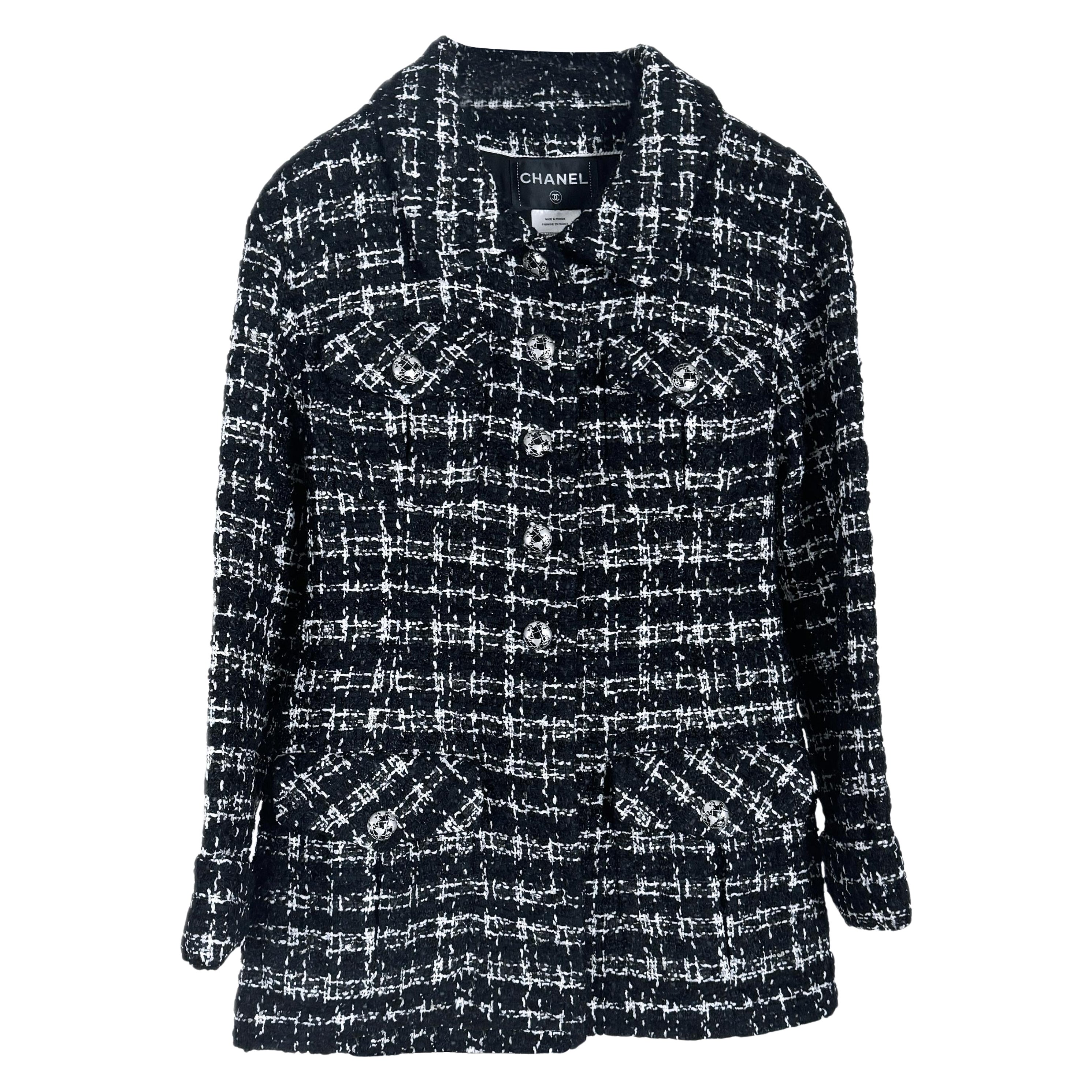 Chanel New CC Globe Buttons Black Shimmering Tweed Jacket