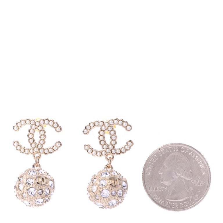 CHANEL NEW CC Gold Ball Crystal Pearl Evening Dangle Drop Earrings in Box  For Sale at 1stDibs