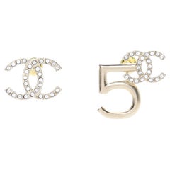 CHANEL NEW CC Gold Crystal No Number 5 Evening Stud Earrings in Box