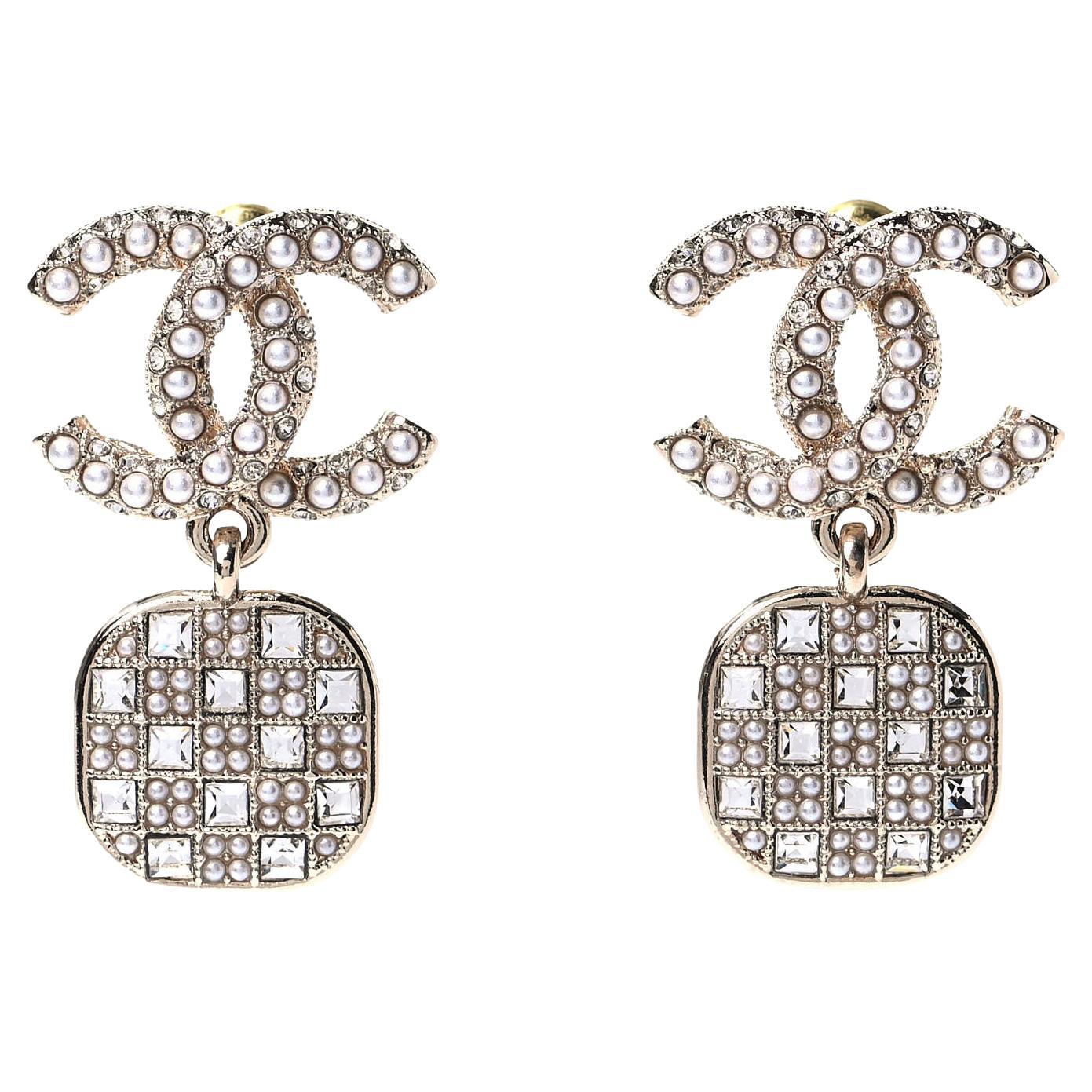 Chanel Gold CC Pink Pearl Crystal Piercing Earrings