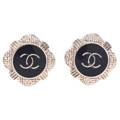 CHANEL NEW CC Gold Metal Black Resin Button Earrings in Box