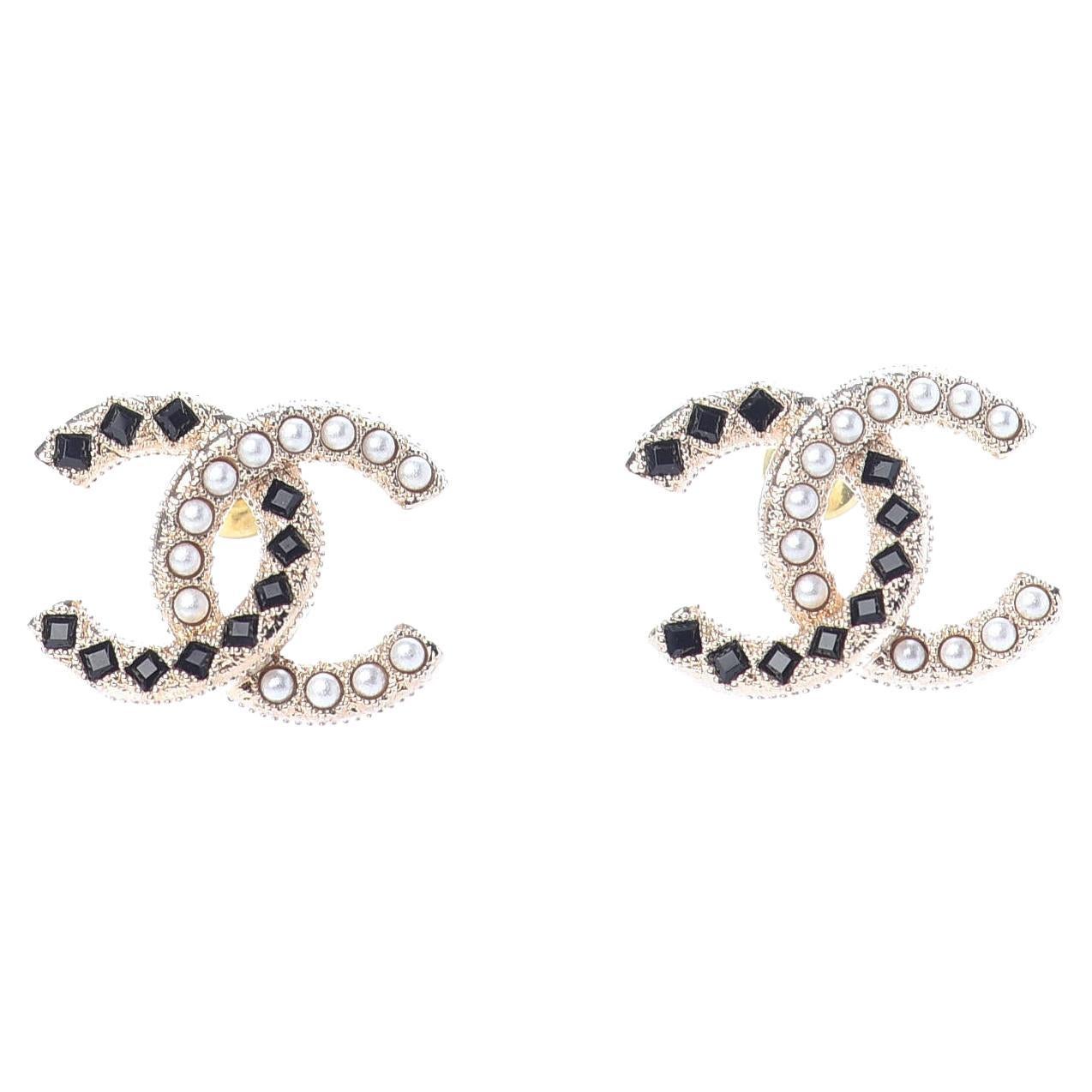 CHANEL NEW CC Gold Metal Black Resin Pearl Evening Stud Earrings in Box For  Sale at 1stDibs