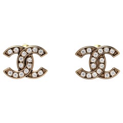 CHANEL NEW CC Gold Metal Crystal Evening Stud Earrings in Box
