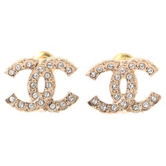 CHANEL NEW CC Gold Metal Crystal Stud Earrings in Box