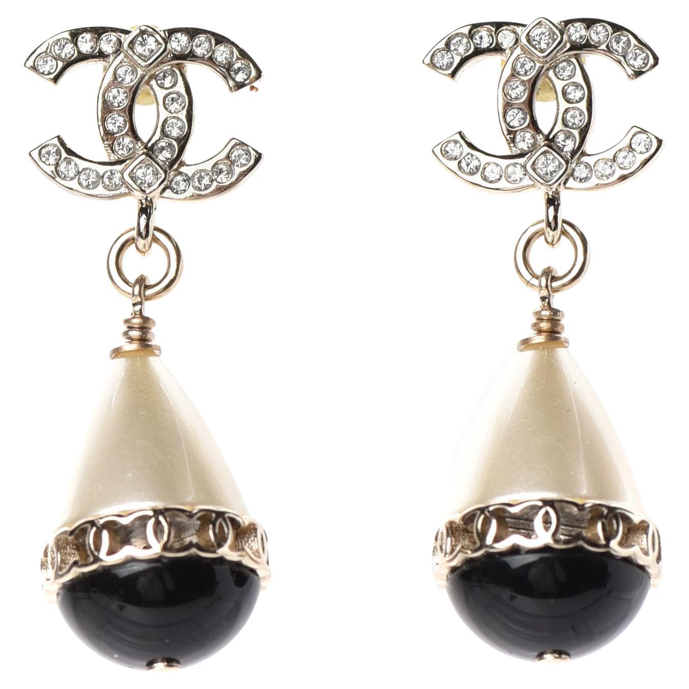 CHANEL NEW CC Gold PearlCrystal Black Accent Evening Dangle Drop Earrings in Box