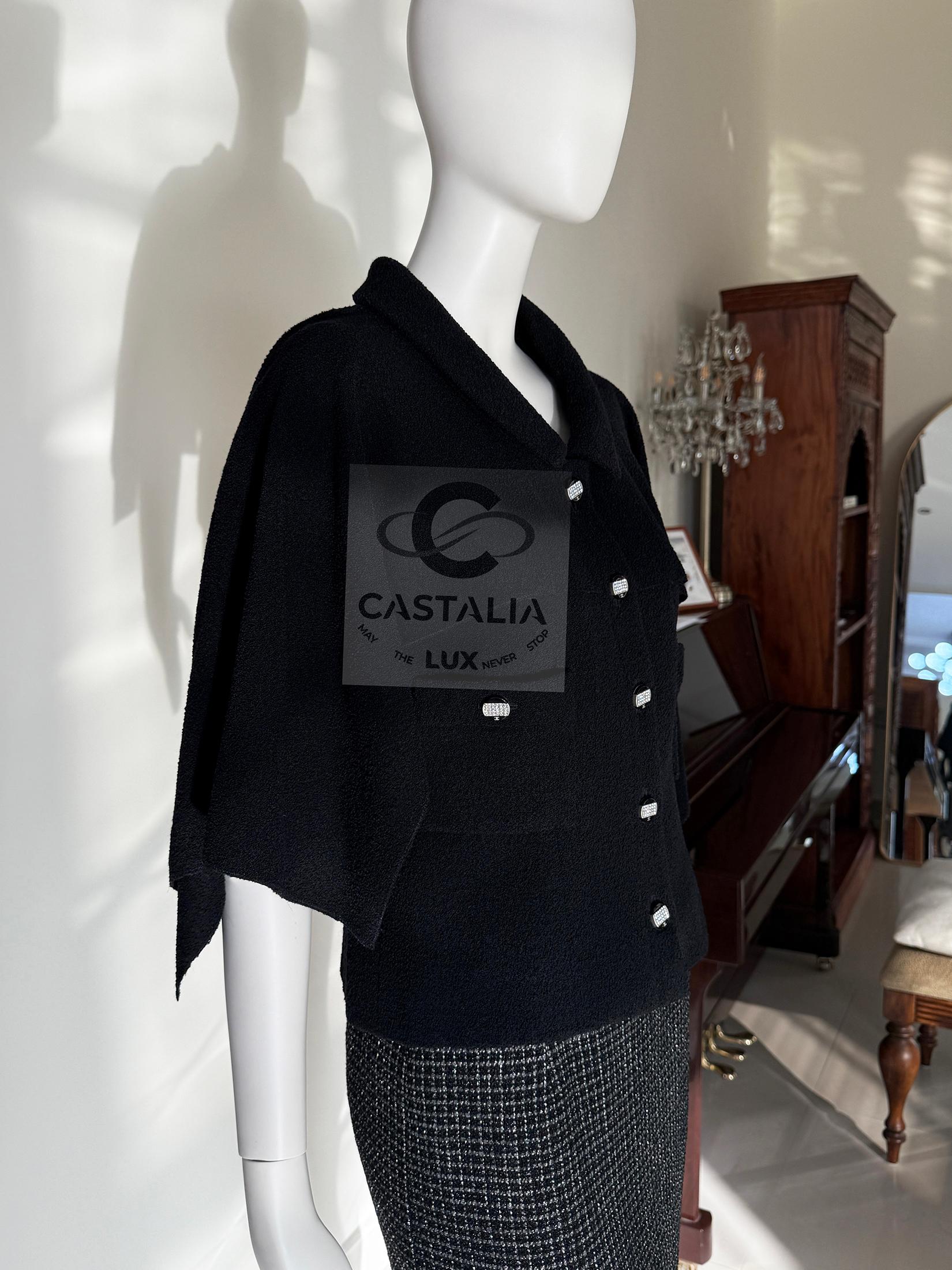 Chanel New CC Gripoix Buttons Black Tweed Cape Jacket 40 FR 7