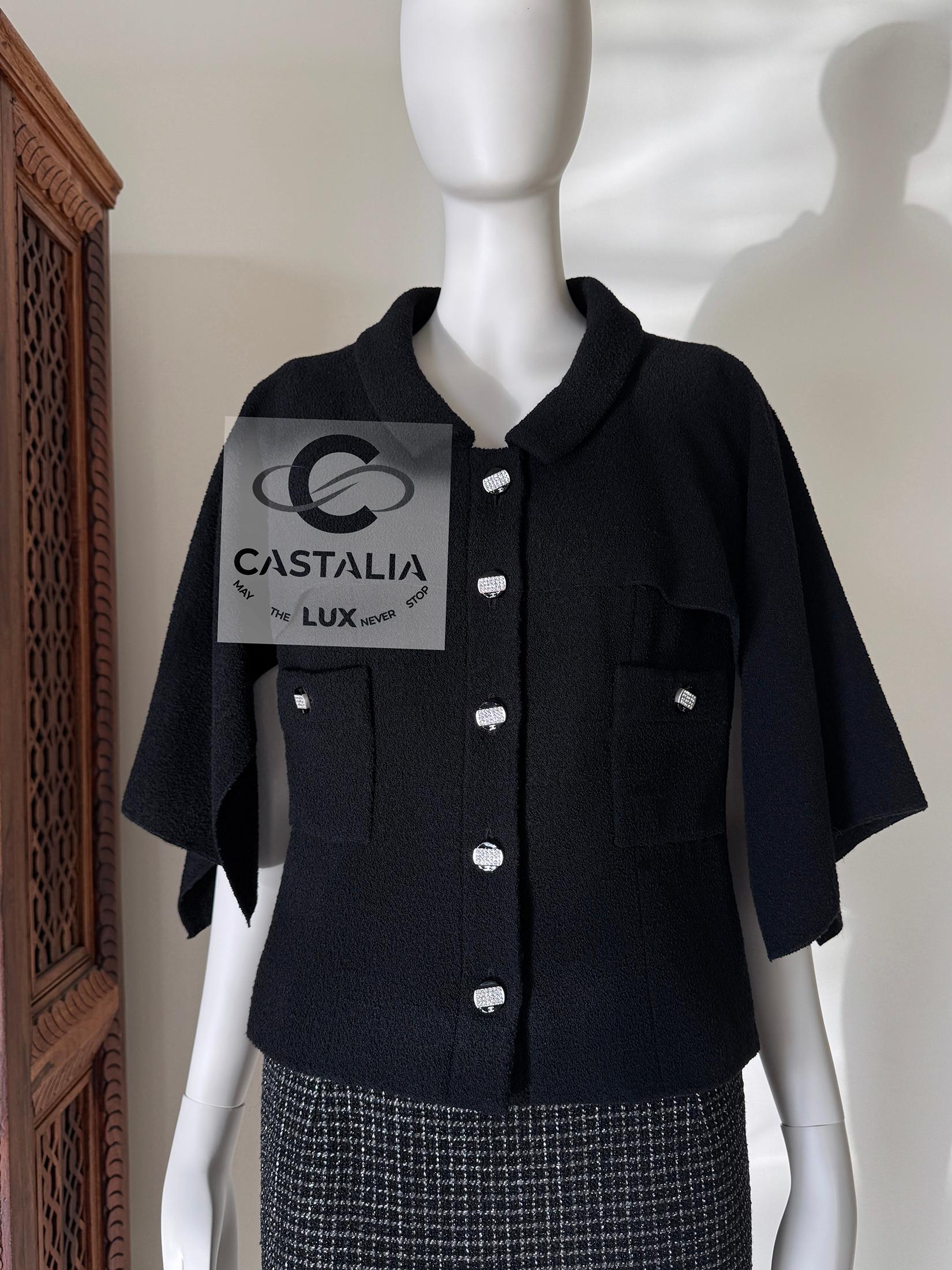 Chanel New CC Gripoix Buttons Black Tweed Cape Jacket 40 FR 4