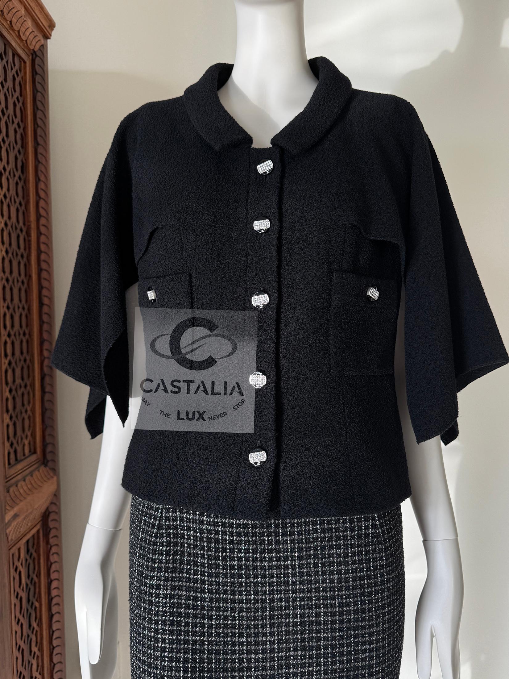 Chanel New CC Gripoix Buttons Black Tweed Cape Jacket 40 FR 5