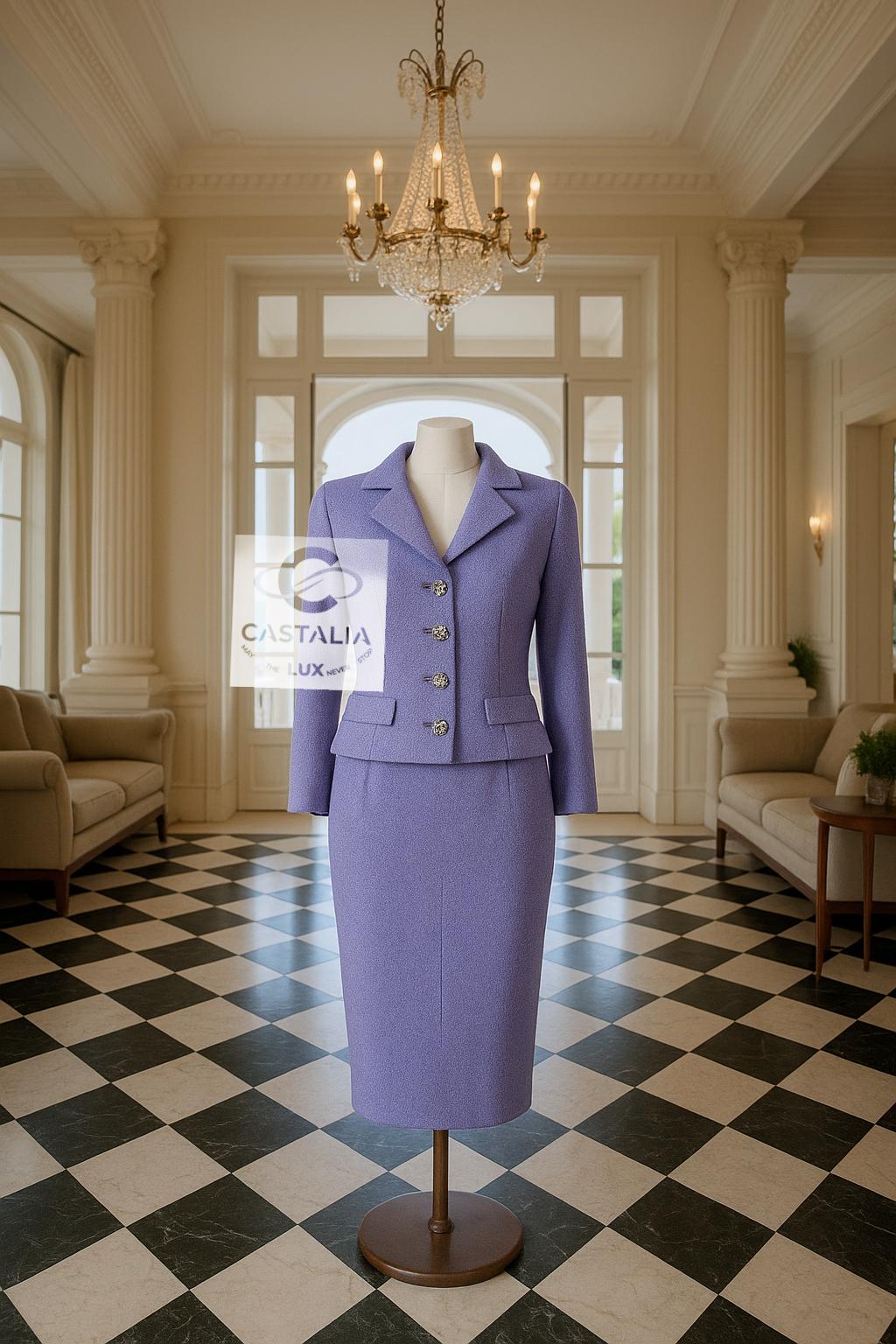 Chanel New CC Gripoix Buttons Lavender Tweed Ensemble For Sale 1