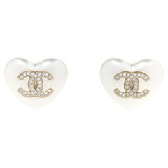 CHANEL NEW CC Heart Faux Pearl Gold Crystal Evening Stud Earrings in Boxx  at 1stDibs