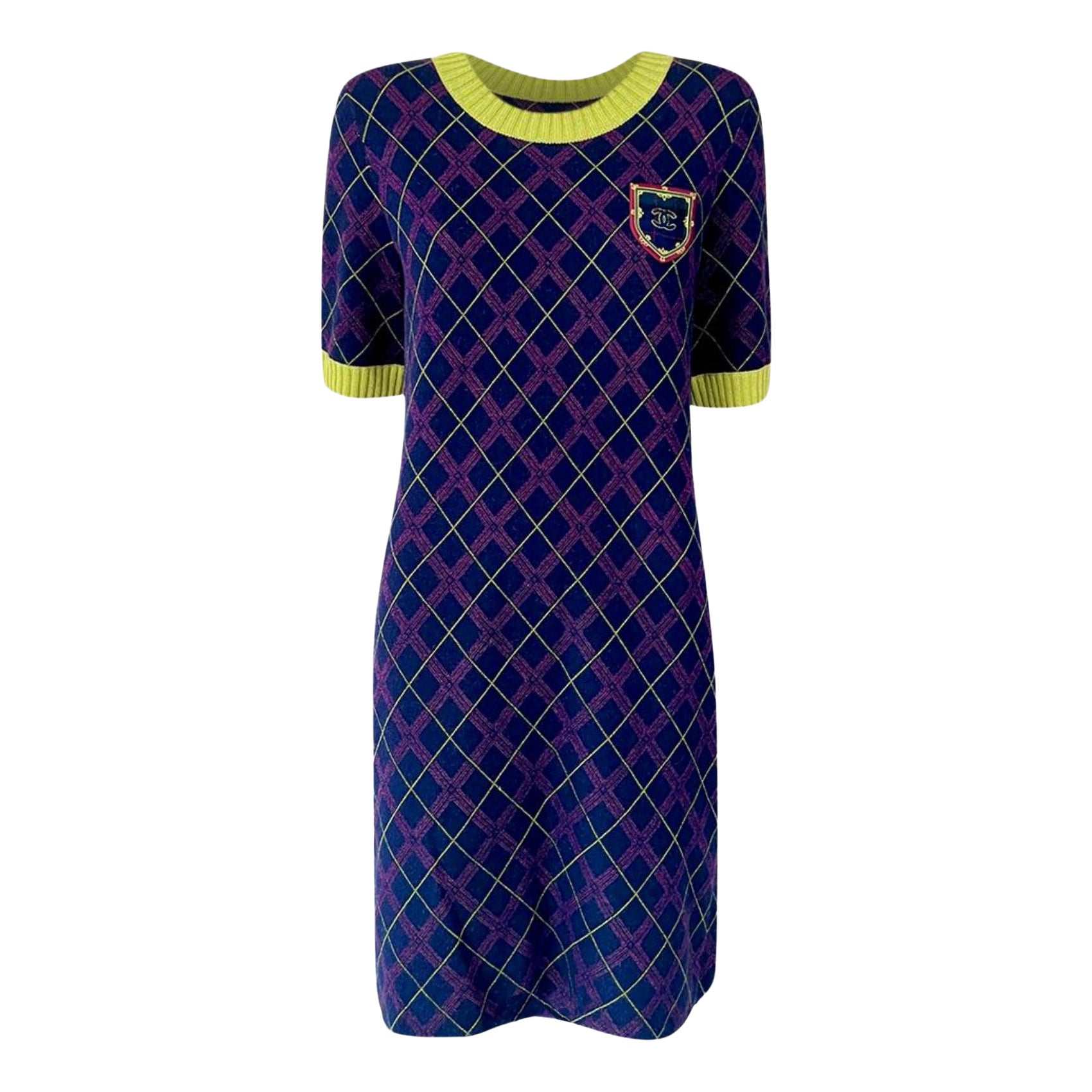Chanel New CC Logo Patch Tartan Cashmere Dress 40 FR