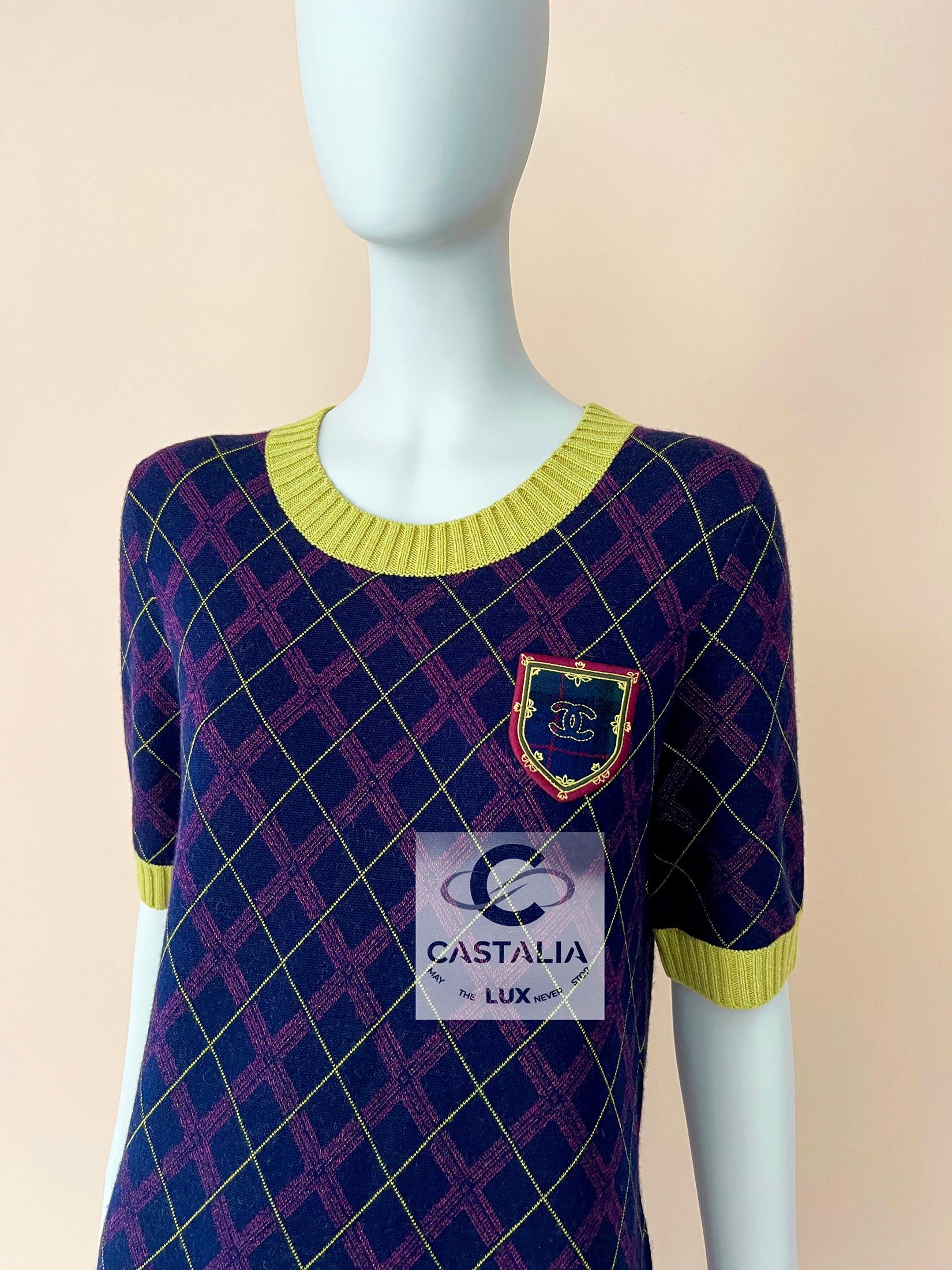 Chanel New CC Logo Patch Tartan Cashmere Dress In New Condition In Dubai, AE