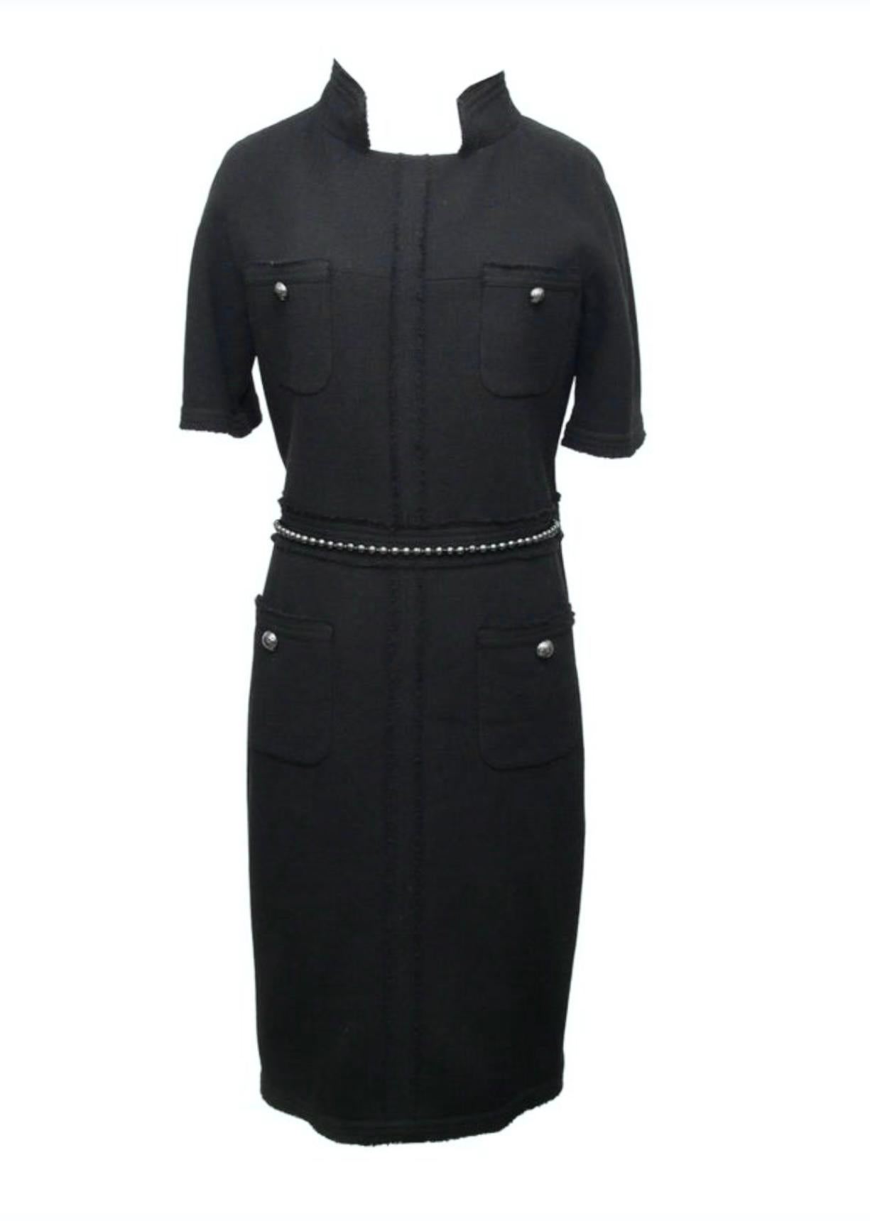 Chanel New CC Pearl Belt Runway Black Tweed Dress For Sale 2