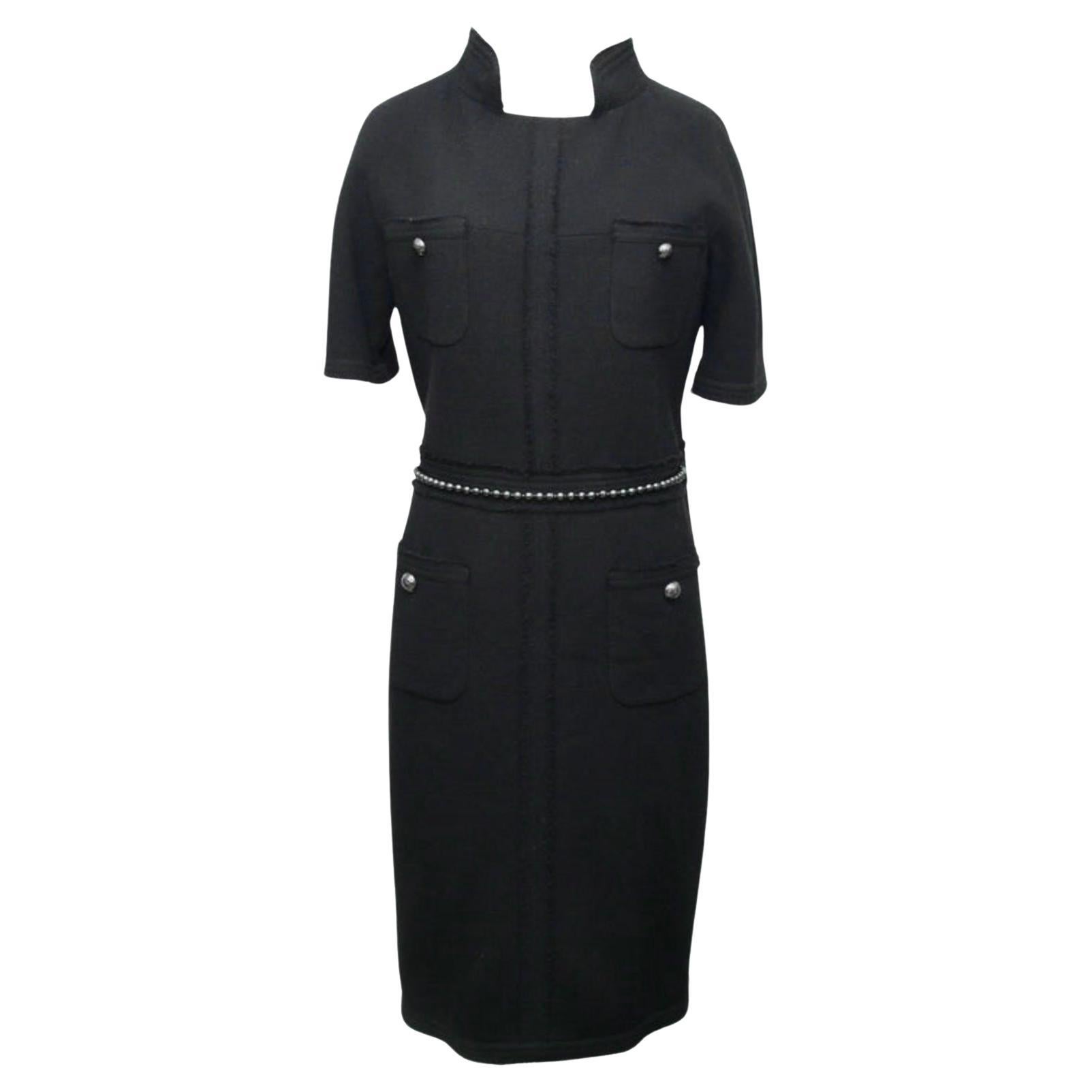 Chanel New CC Pearl Belt Runway Black Tweed Dress For Sale