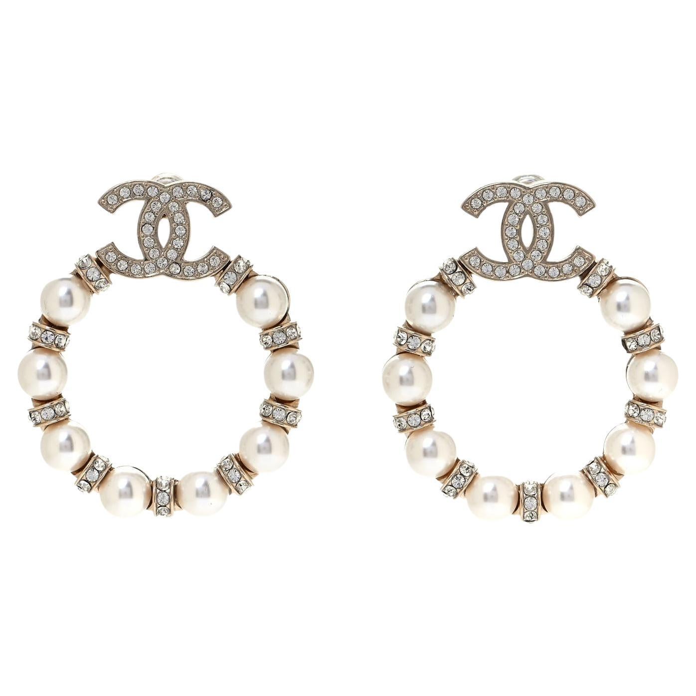 CHANEL NEW CC Pearl Crystal Gold Round Hoop Dangle Drop Evening Earrings in  Box