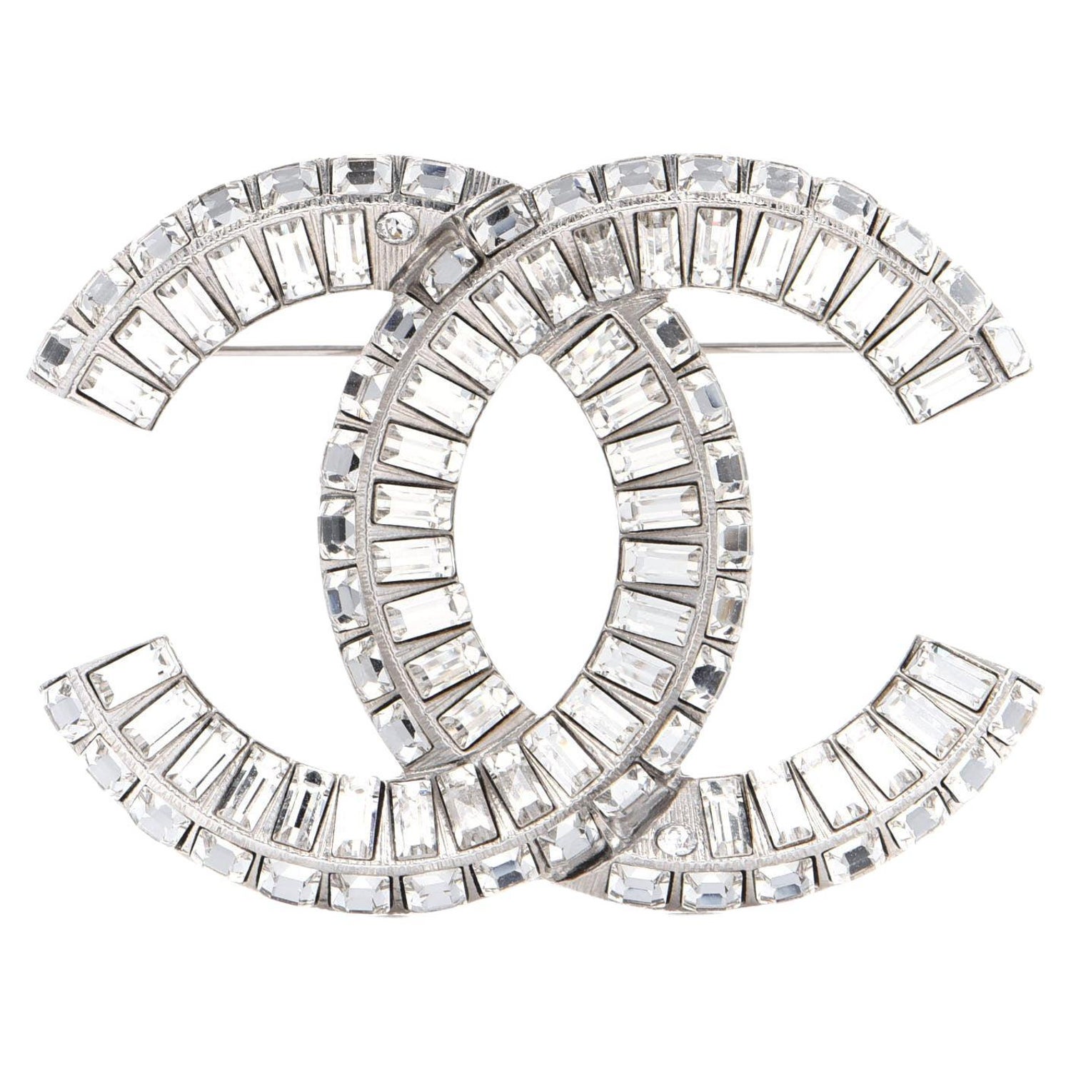 Chanel Brand New Classic Silver CC Baguette Crystal Brooch For