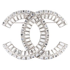 CHANEL NEW CC Silver Baguette Crystal Evening Lapel Brooch in Box