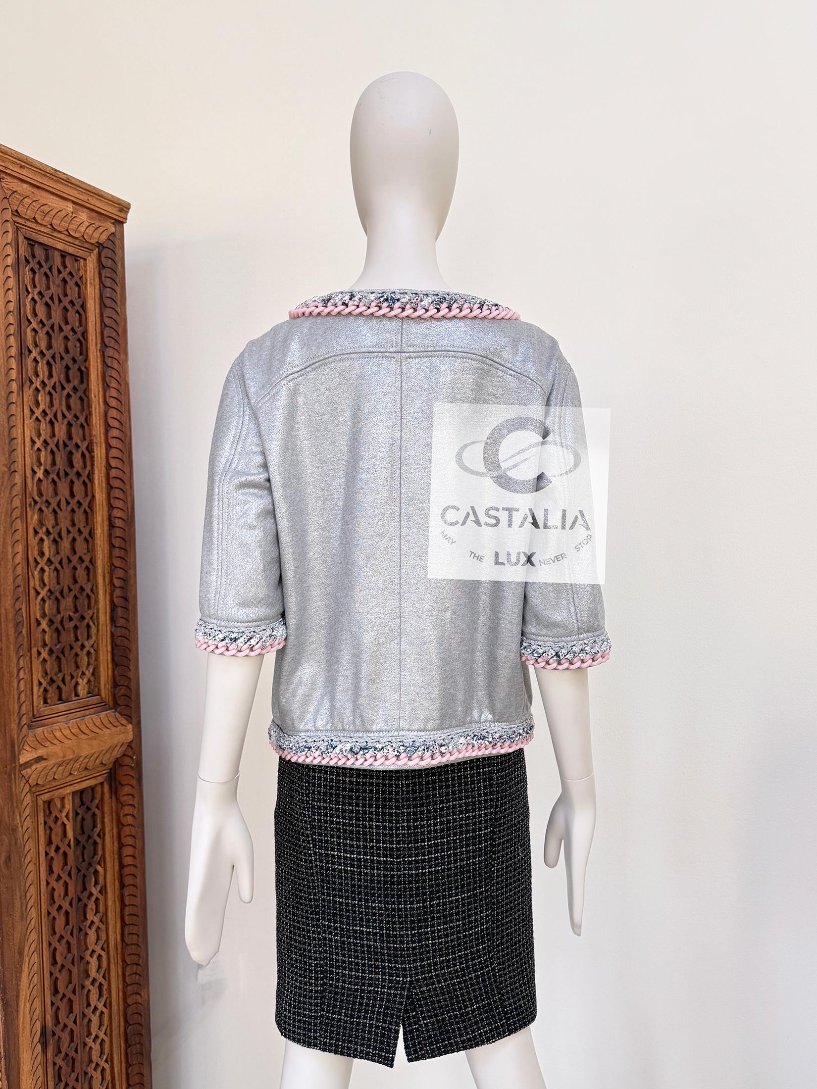 Chanel New Chain Link Trim Shimmer Grey Jacket 40 FR 7