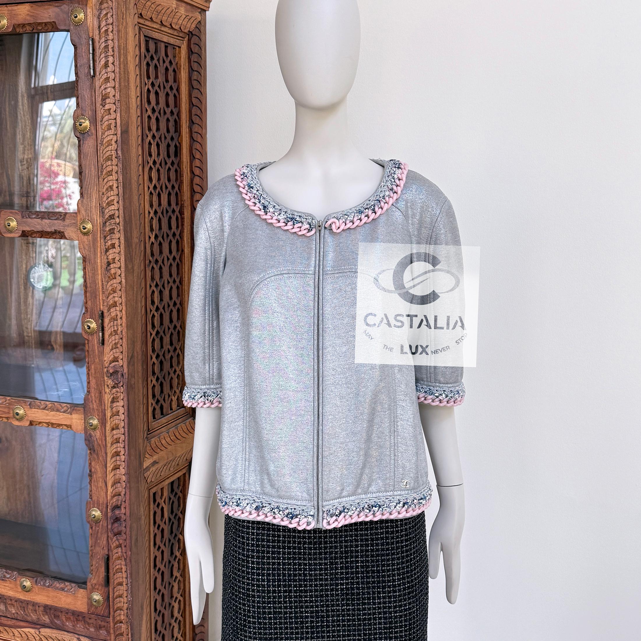 Grigio Chanel New Chain Link Trim Shimmer Grey Jacket 40 FR